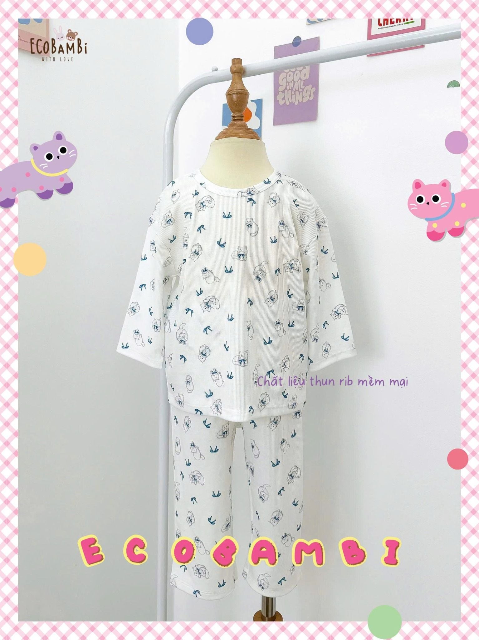  Bộ thun rib cotton họa tiết tay lỡ - quần lửng bé gái ECOBAMBI - 8935334002166 