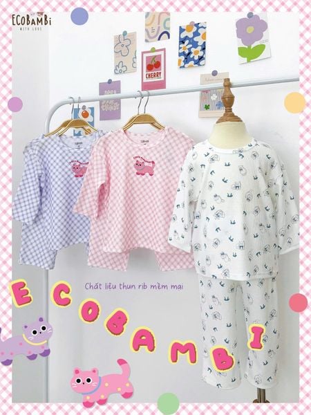  Bộ thun rib cotton họa tiết tay lỡ - quần lửng bé gái ECOBAMBI - 8935334002166 