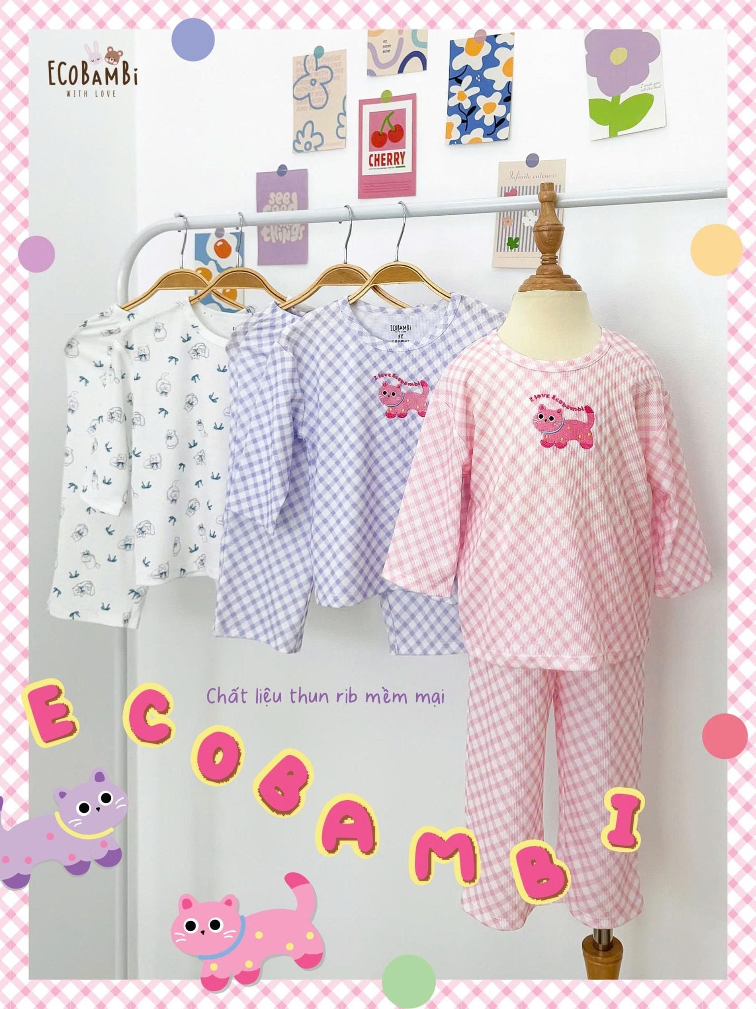  Bộ thun rib cotton họa tiết tay lỡ - quần lửng bé gái ECOBAMBI - 8935334002166 