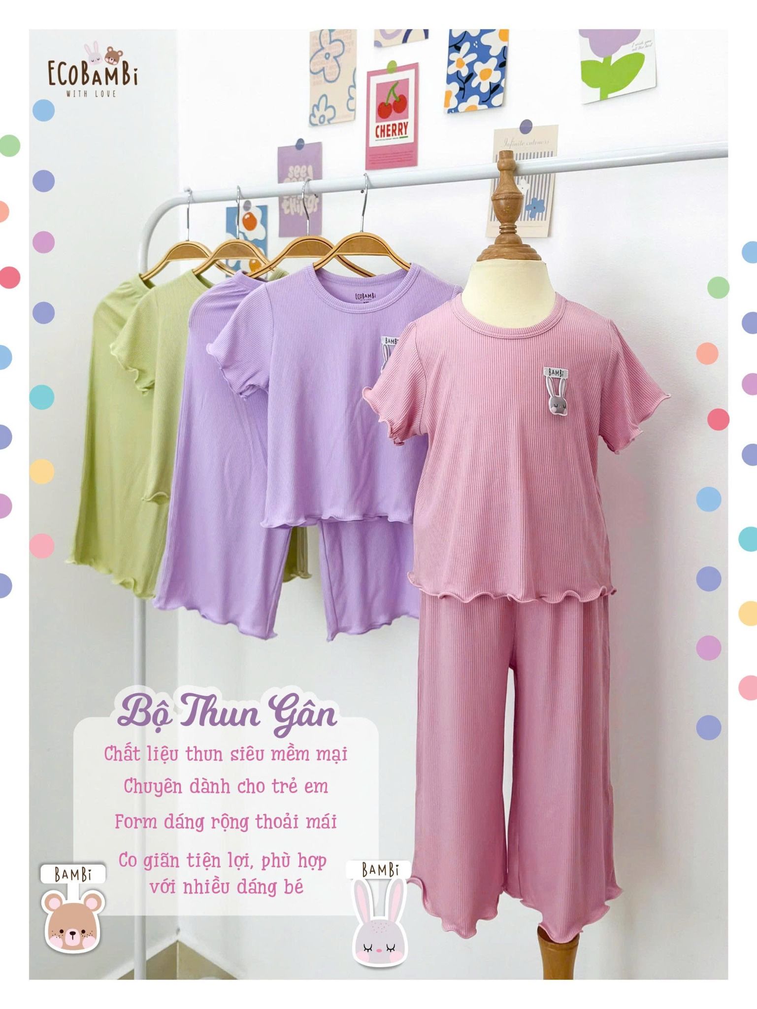  Bộ thun rib trơn tay ngắn - quần suông bé gái ECOBAMBI - 8935334002111 