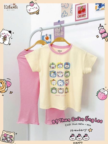  Bộ thun quần ống loe caro - áo tay ngắn bé gái - 8935334001213 