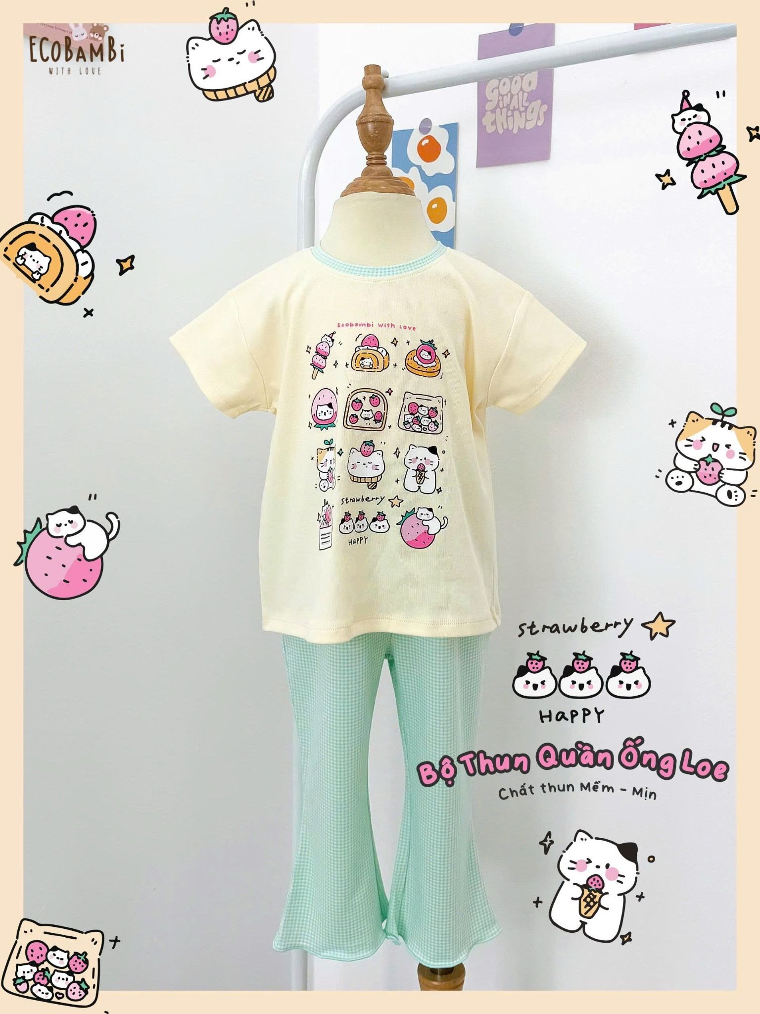  Bộ thun quần ống loe caro - áo tay ngắn bé gái - 8935334001213 