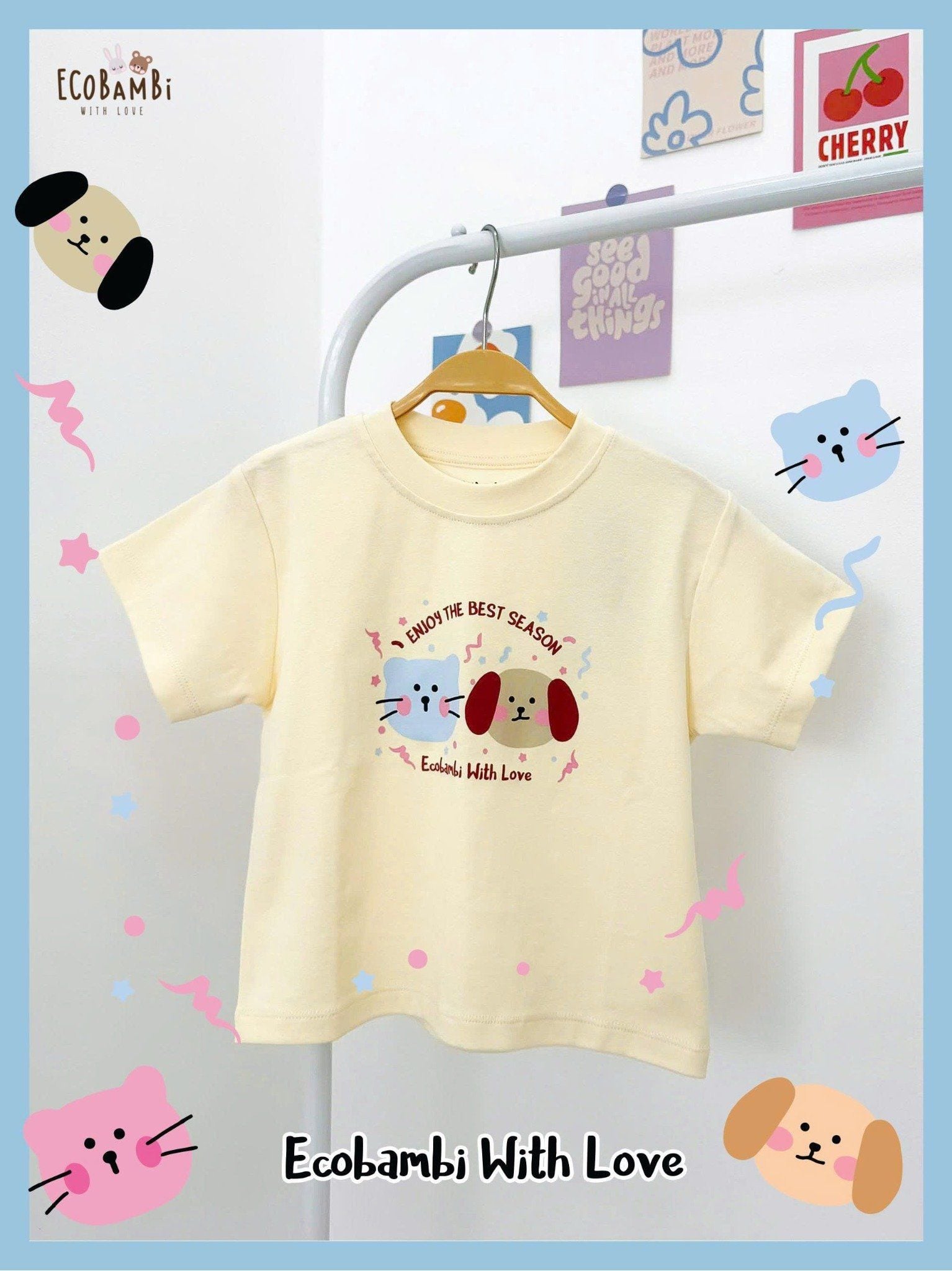  Áo thun unisex dáng ngắn màu kem in họa tiết cho bé - 8935334000360 