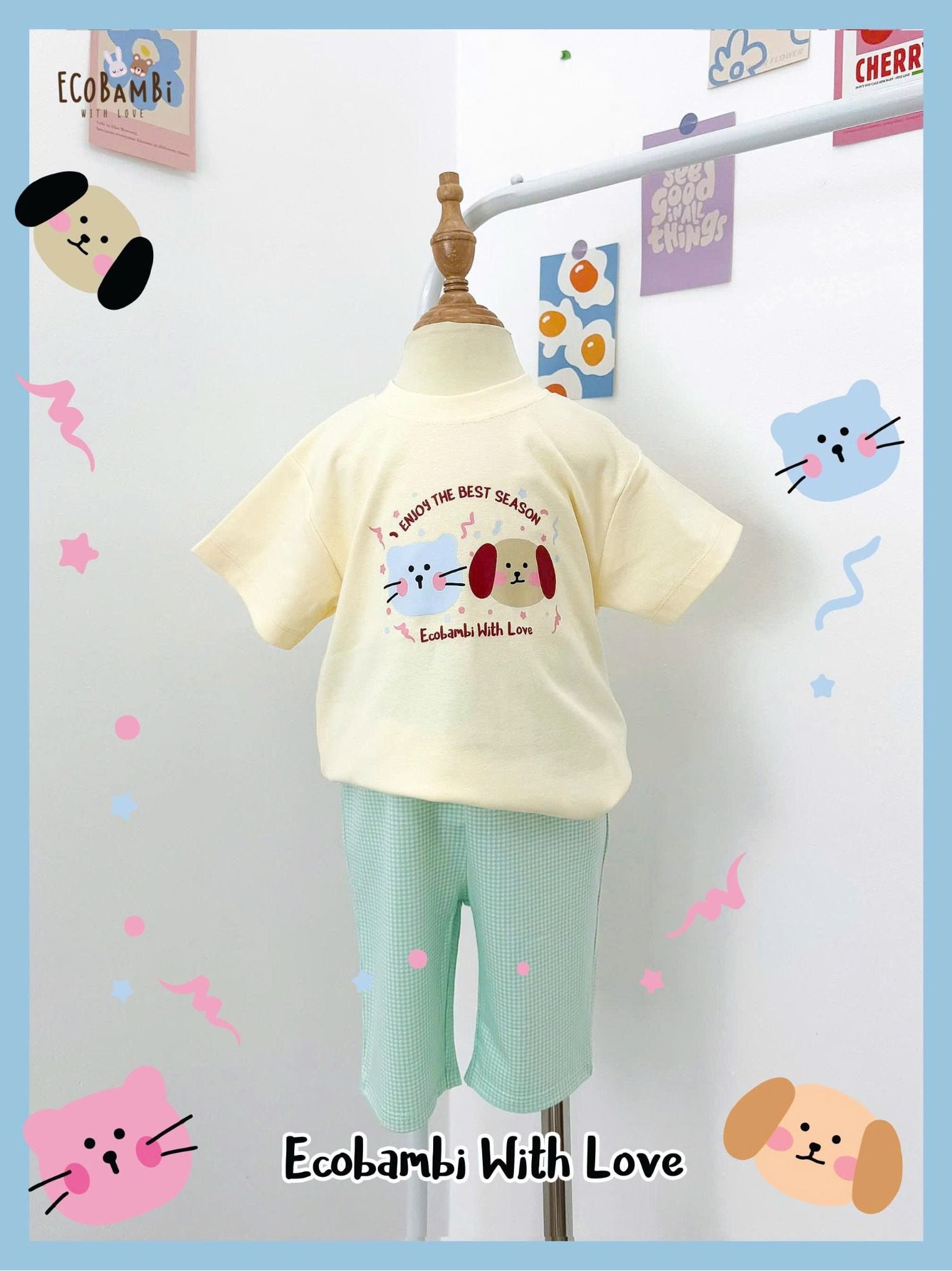  Áo thun unisex dáng ngắn màu kem in họa tiết cho bé - 8935334000360 