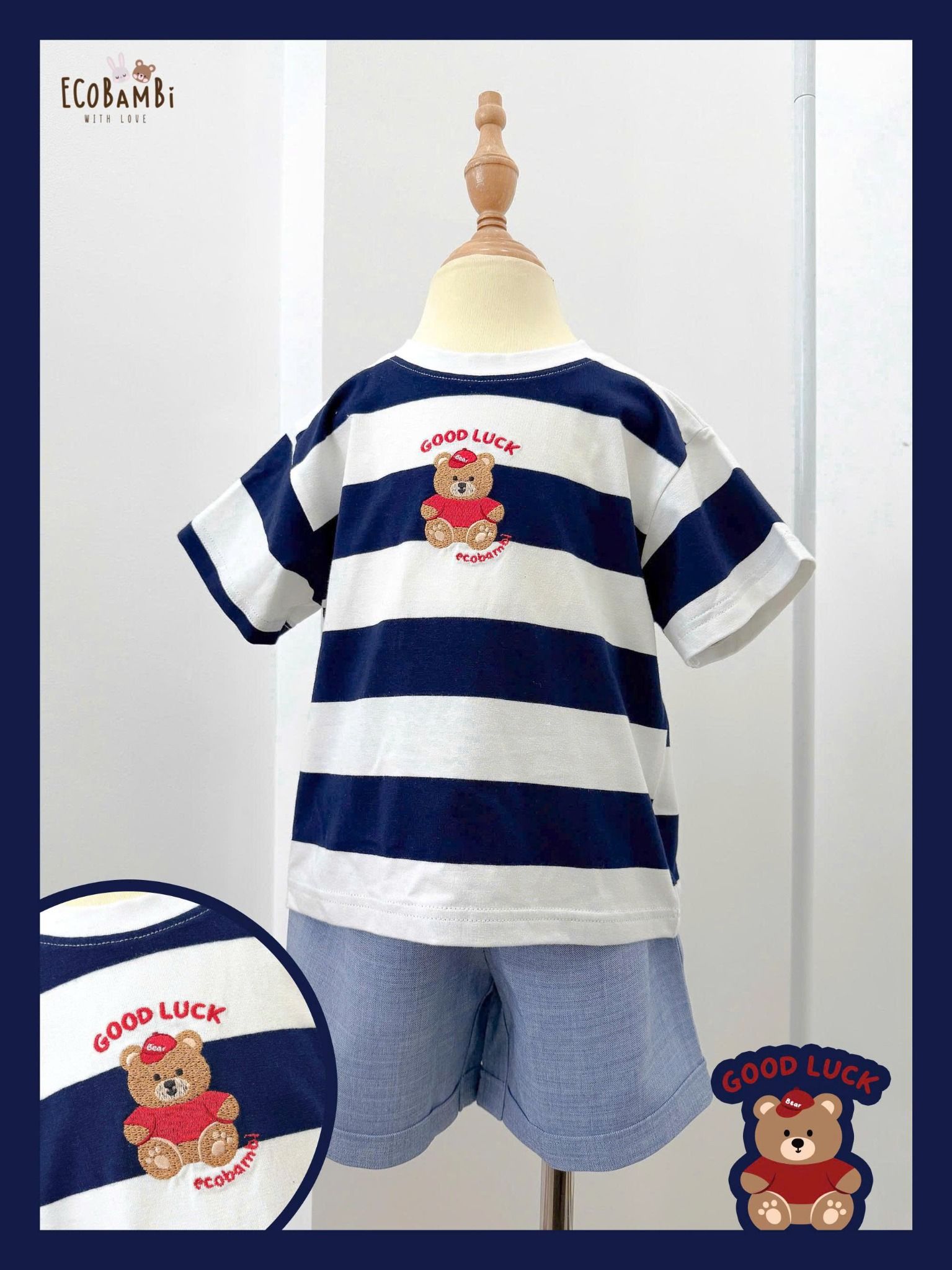  Bộ áo thun sọc phối quần shorts unisex ECOBAMBI - 8935334002241 