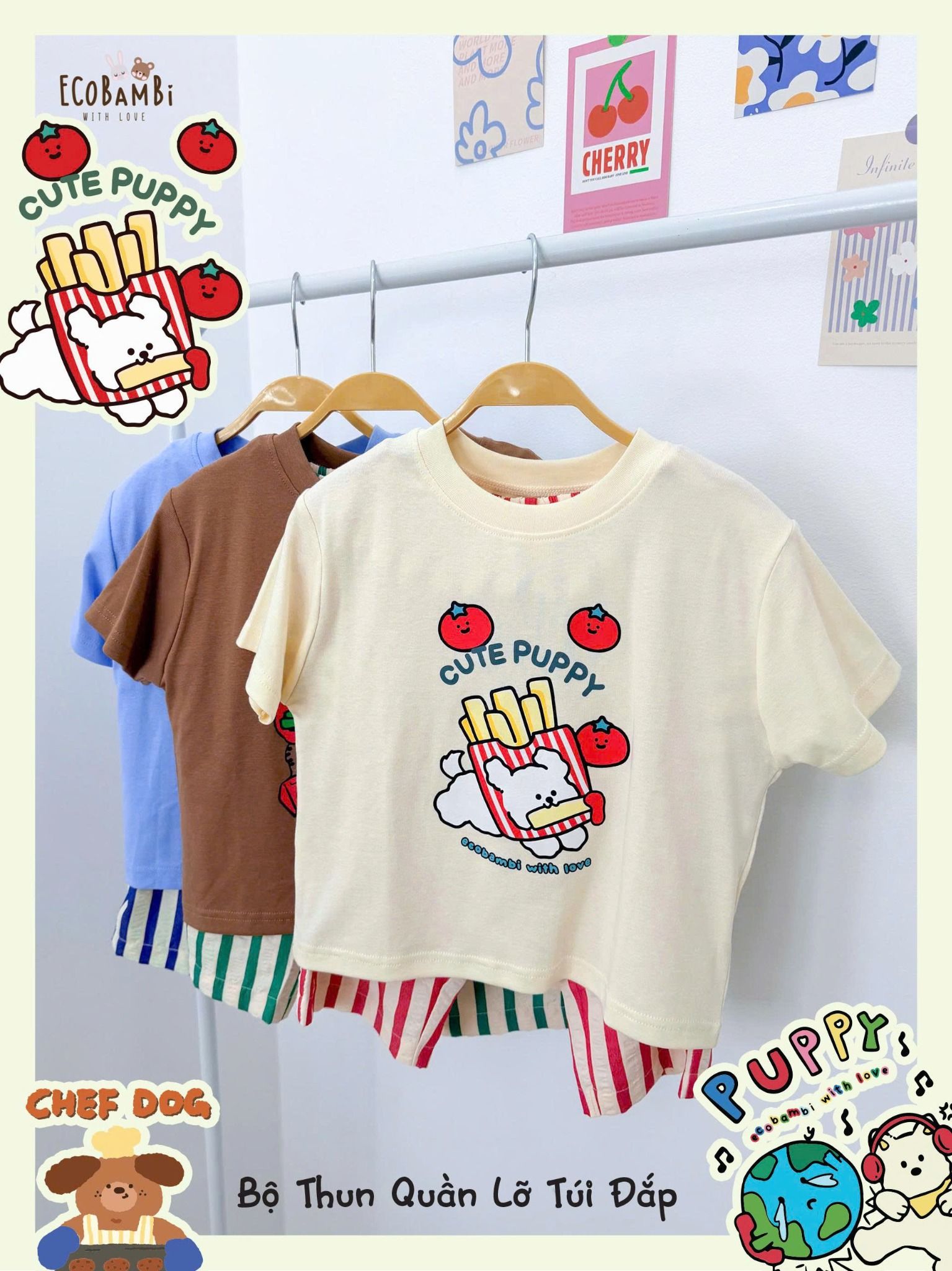  Bộ quần thô sọc đắp túi phối áo thun unisex ECOBAMBI - 8935334002234 