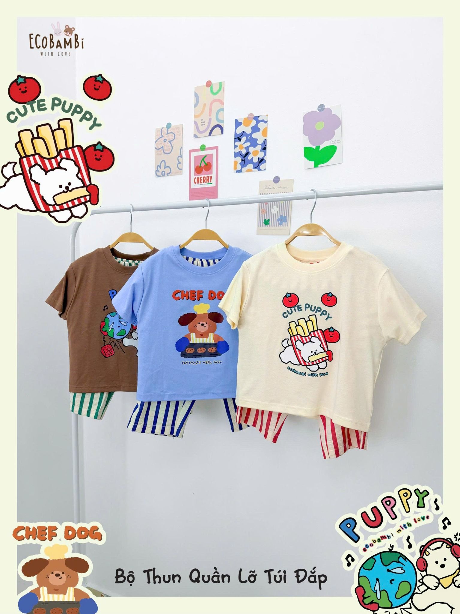  Bộ quần thô sọc đắp túi phối áo thun unisex ECOBAMBI - 8935334002234 