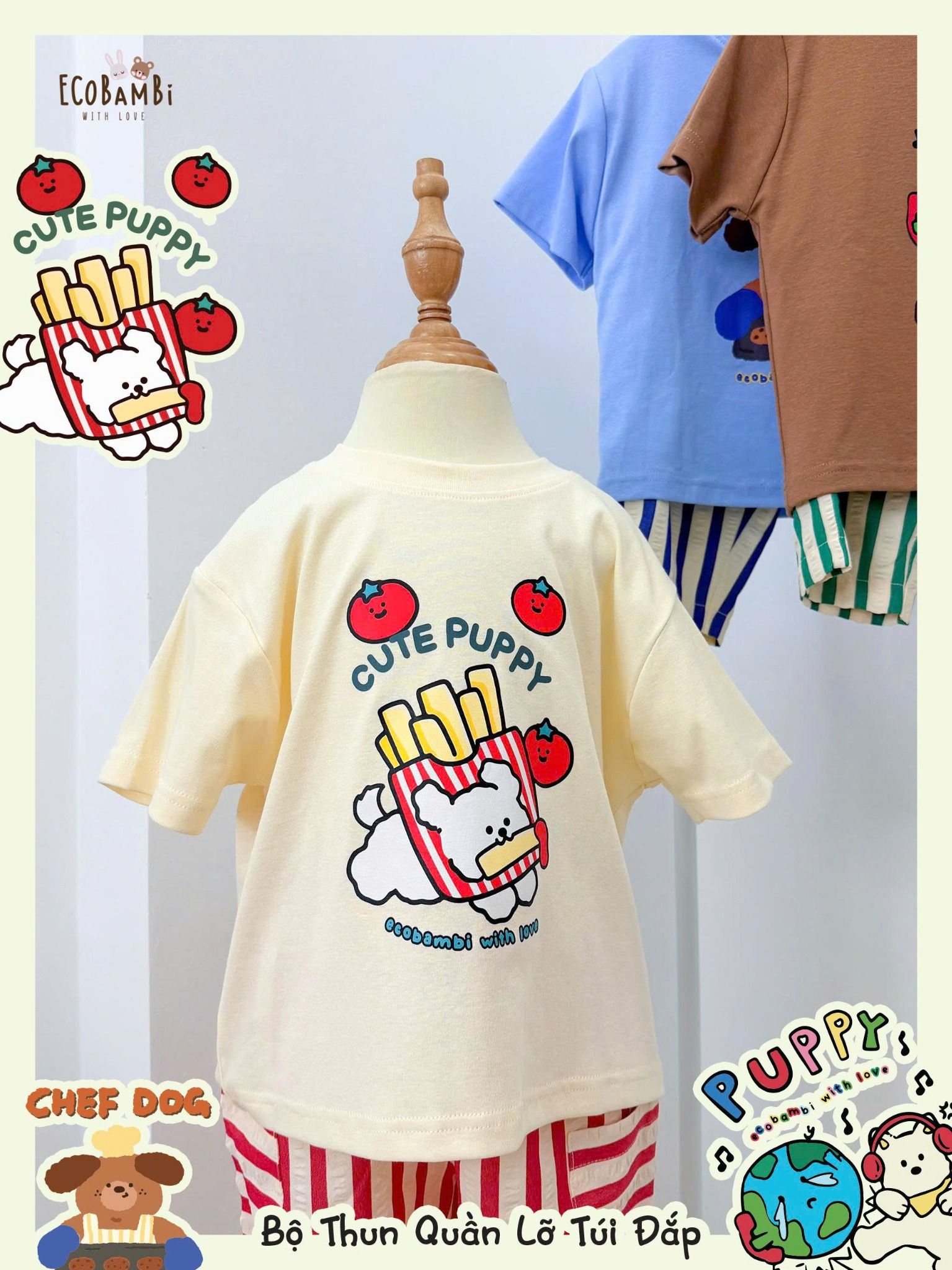  Bộ quần thô sọc đắp túi phối áo thun unisex ECOBAMBI - 8935334002234 