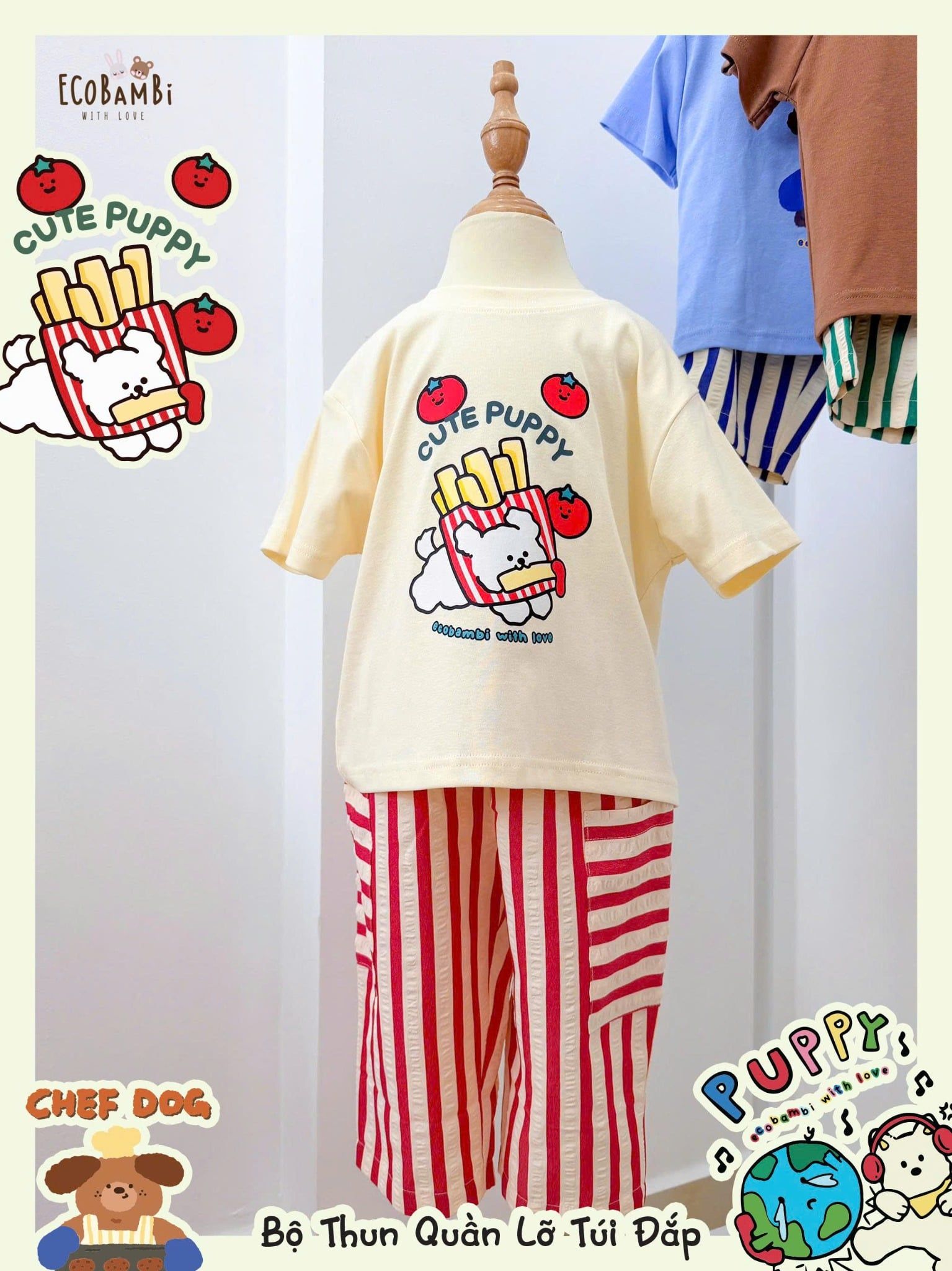  Bộ quần thô sọc đắp túi phối áo thun unisex ECOBAMBI - 8935334002234 