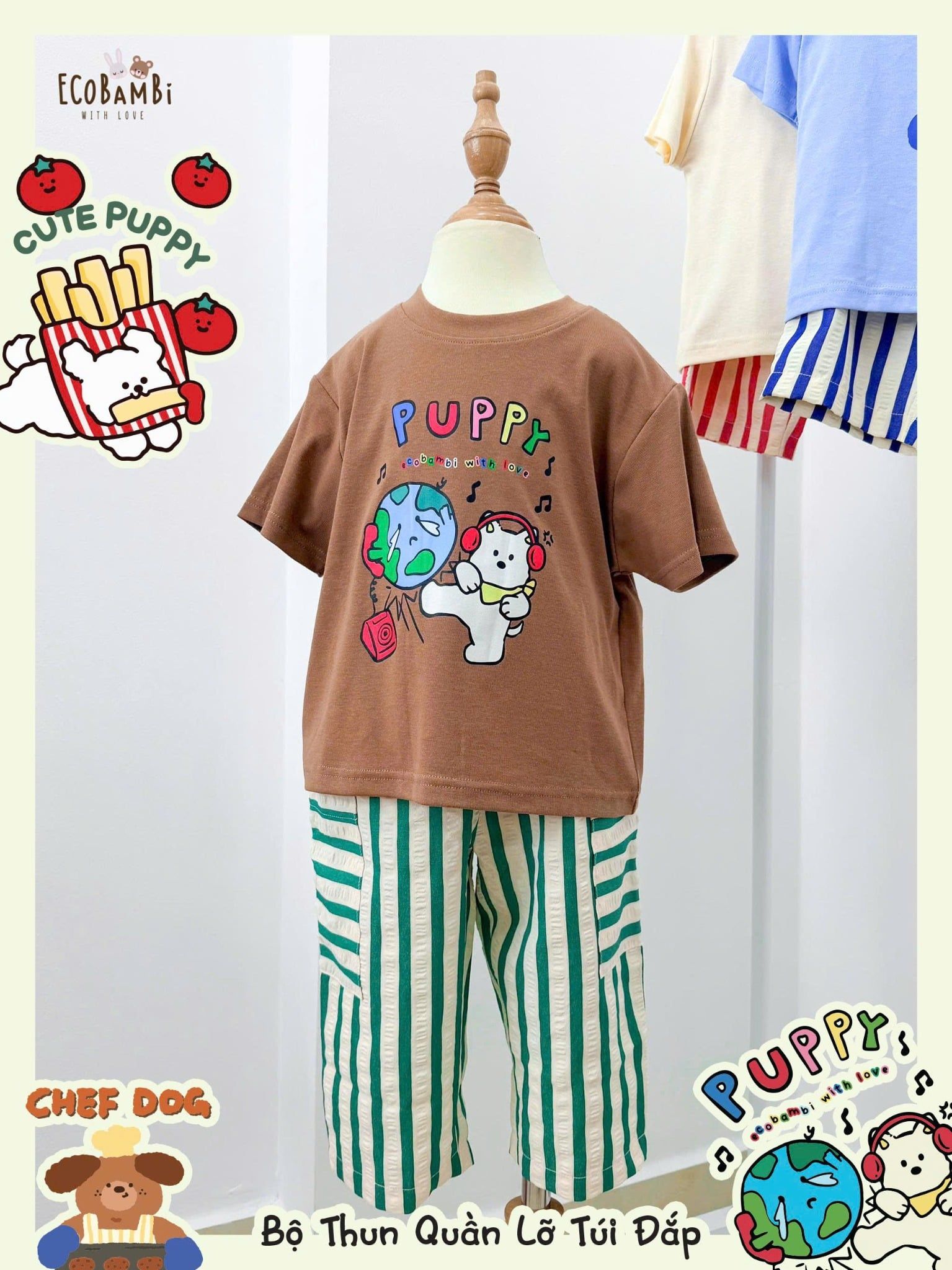  Bộ quần thô sọc đắp túi phối áo thun unisex ECOBAMBI - 8935334002234 