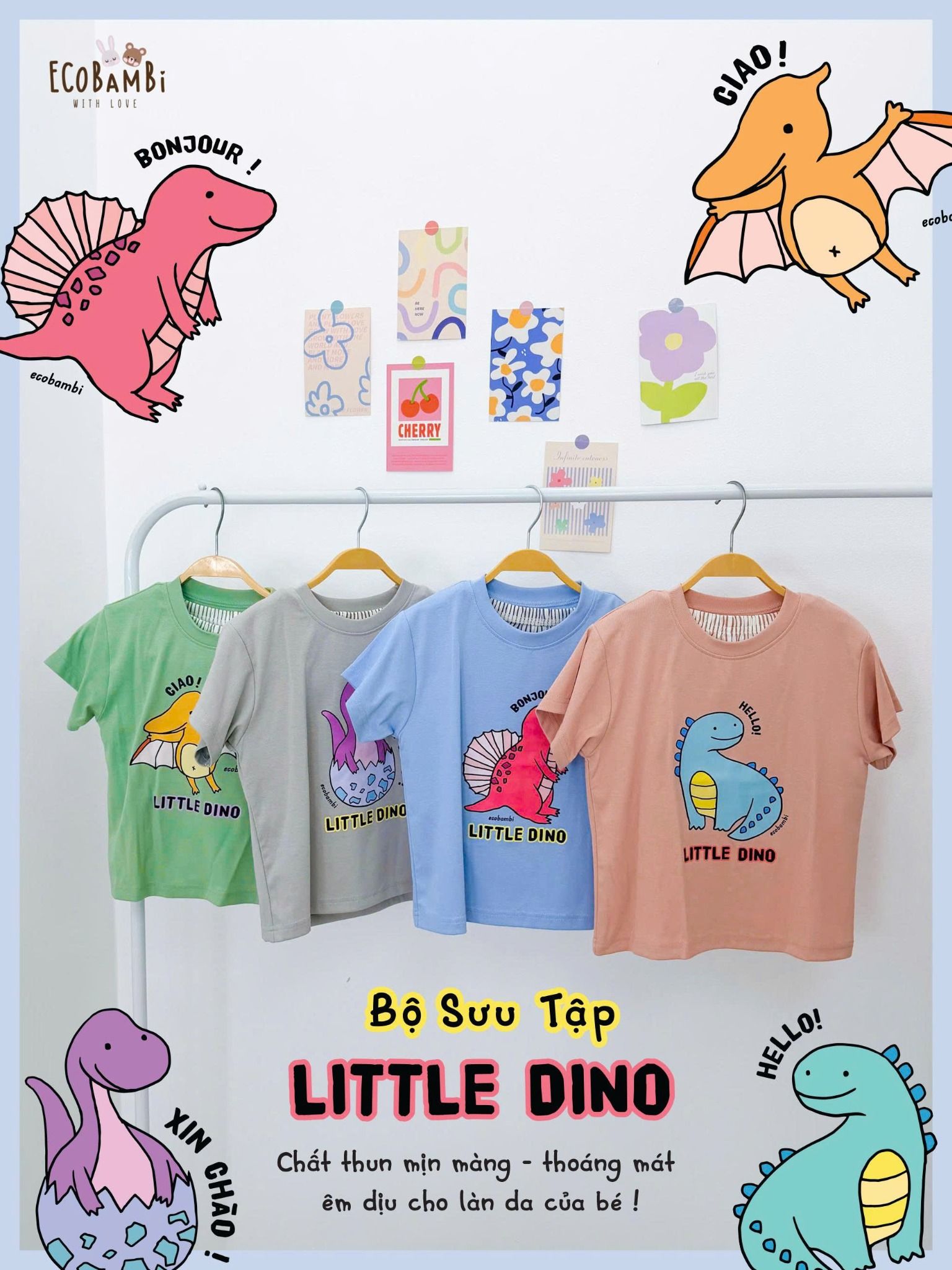  Bộ khủng long cute quần shorts unisex ECOBAMBI - 8935334002258 