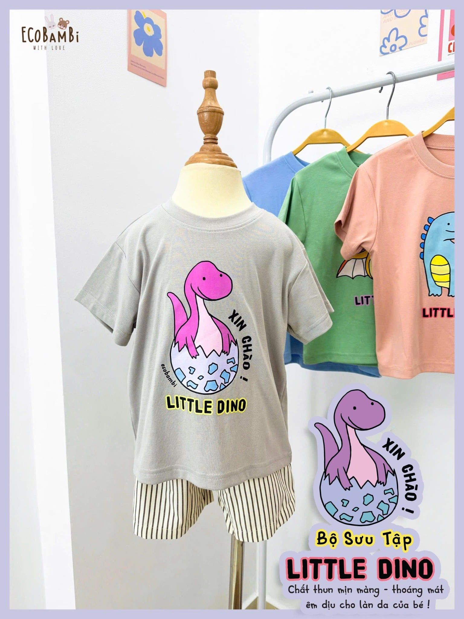  Bộ khủng long cute quần shorts unisex ECOBAMBI - 8935334002258 