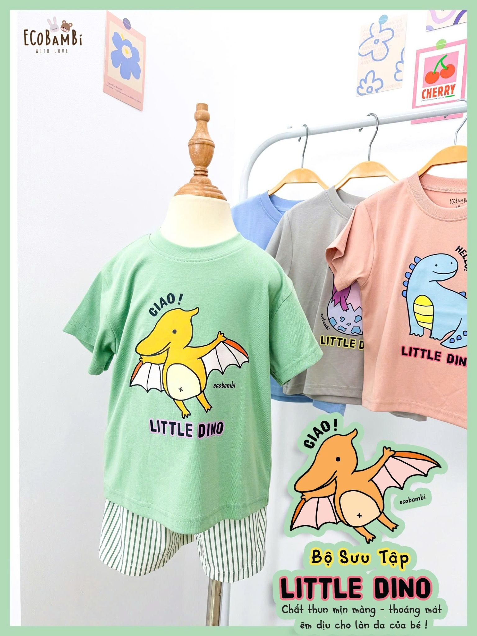  Bộ khủng long cute quần shorts unisex ECOBAMBI - 8935334002258 