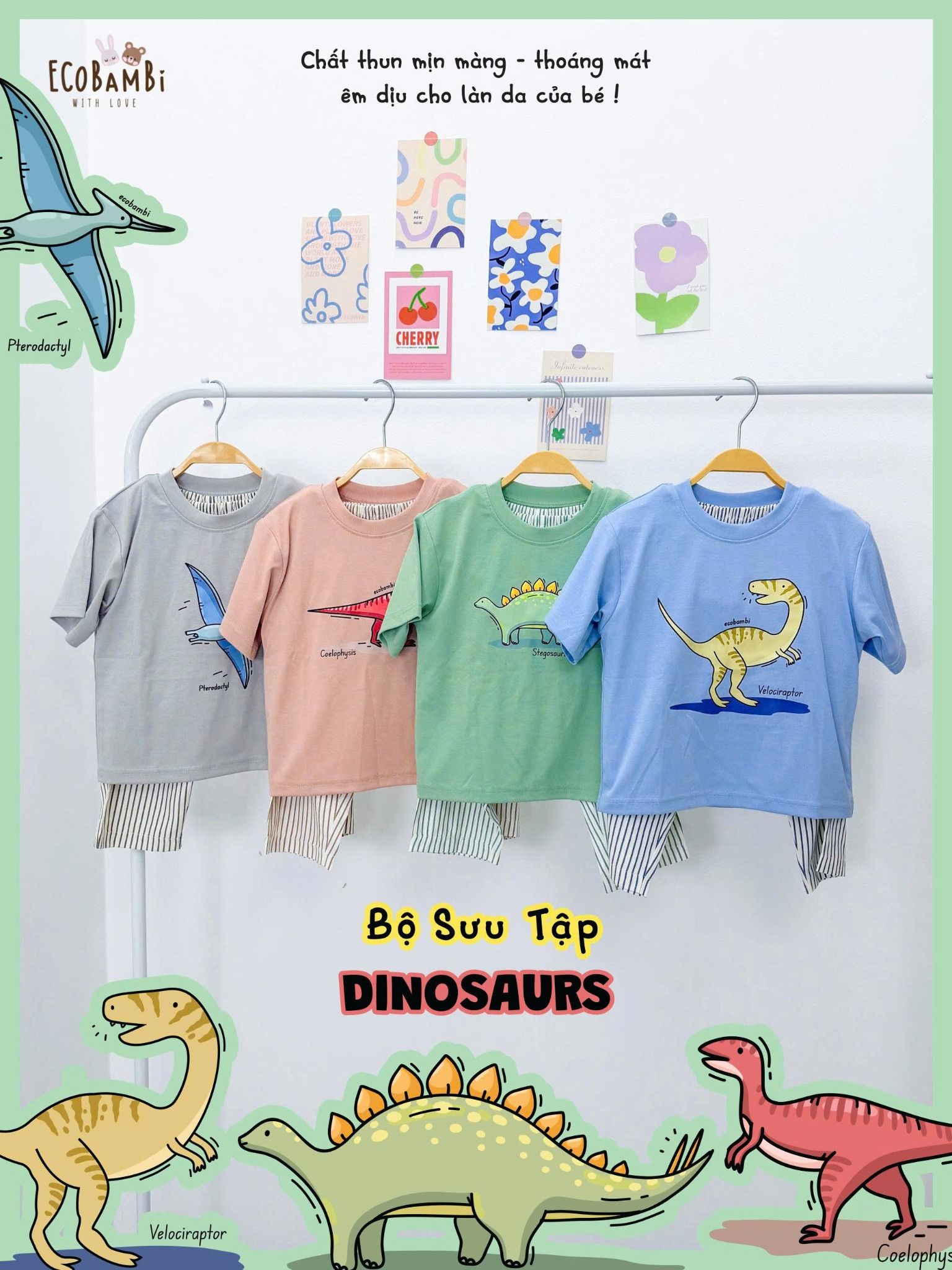  Bộ thun khủng long thun mịn - quần thô lửng bé trai ECOBAMBI - 8935334002265 