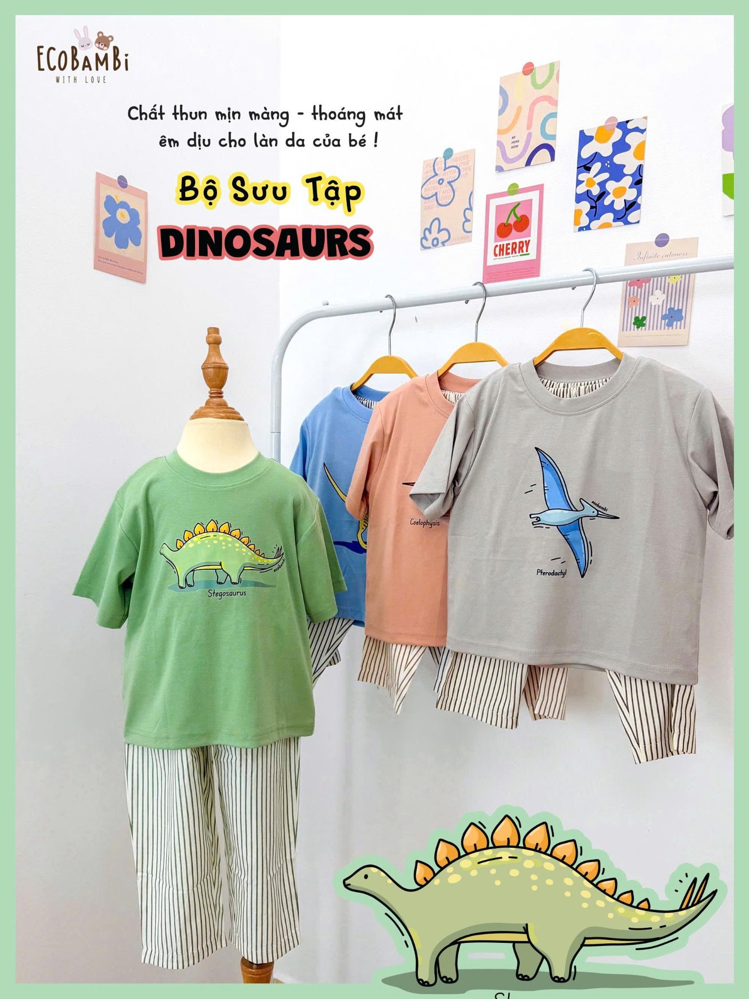  Bộ thun khủng long thun mịn - quần thô lửng bé trai ECOBAMBI - 8935334002265 