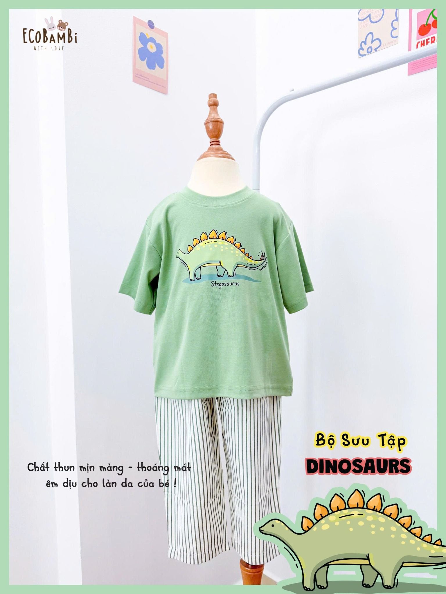  Bộ thun khủng long thun mịn - quần thô lửng bé trai ECOBAMBI - 8935334002265 