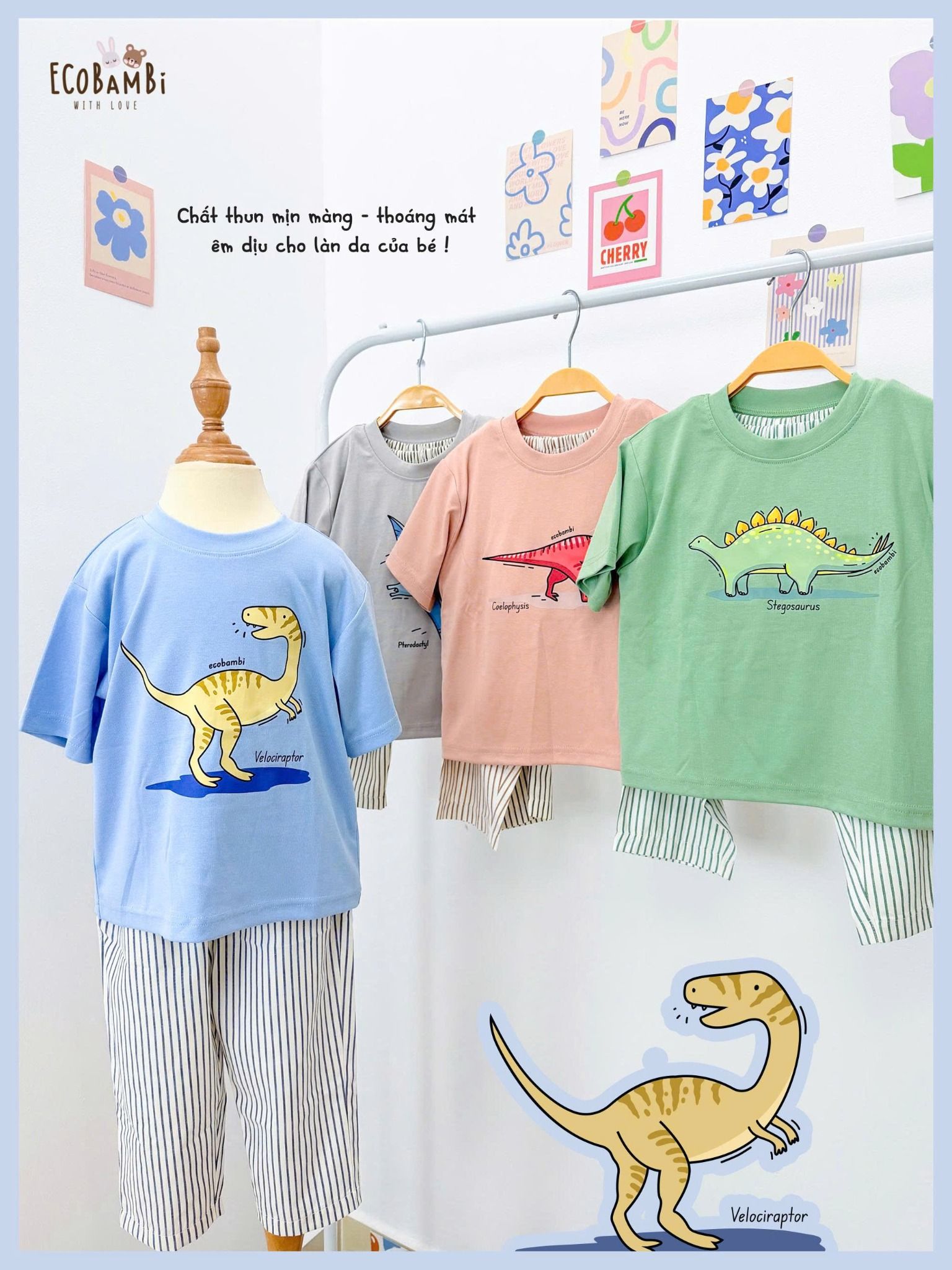  Bộ thun khủng long thun mịn - quần thô lửng bé trai ECOBAMBI - 8935334002265 