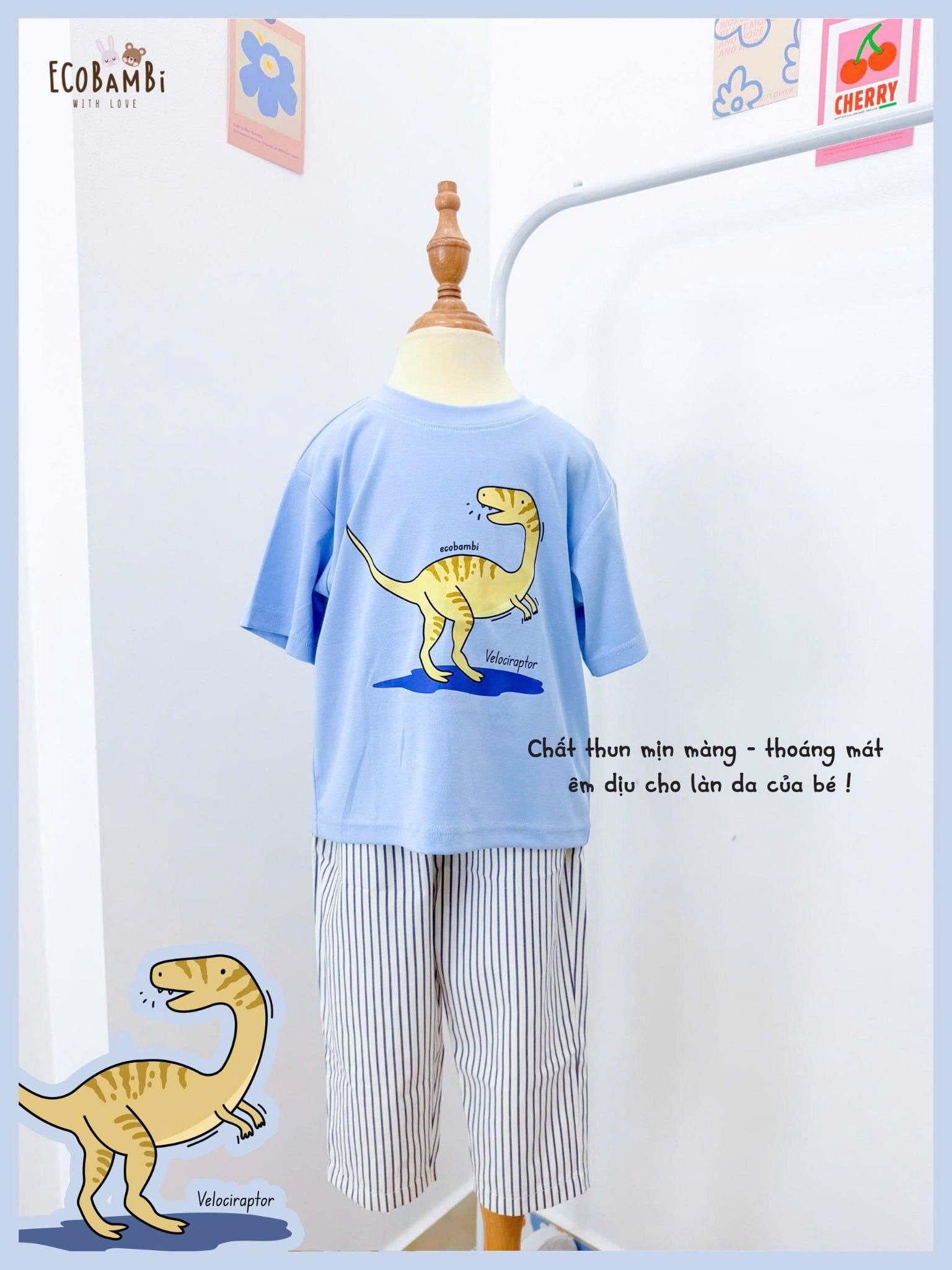  Bộ thun khủng long thun mịn - quần thô lửng bé trai ECOBAMBI - 8935334002265 