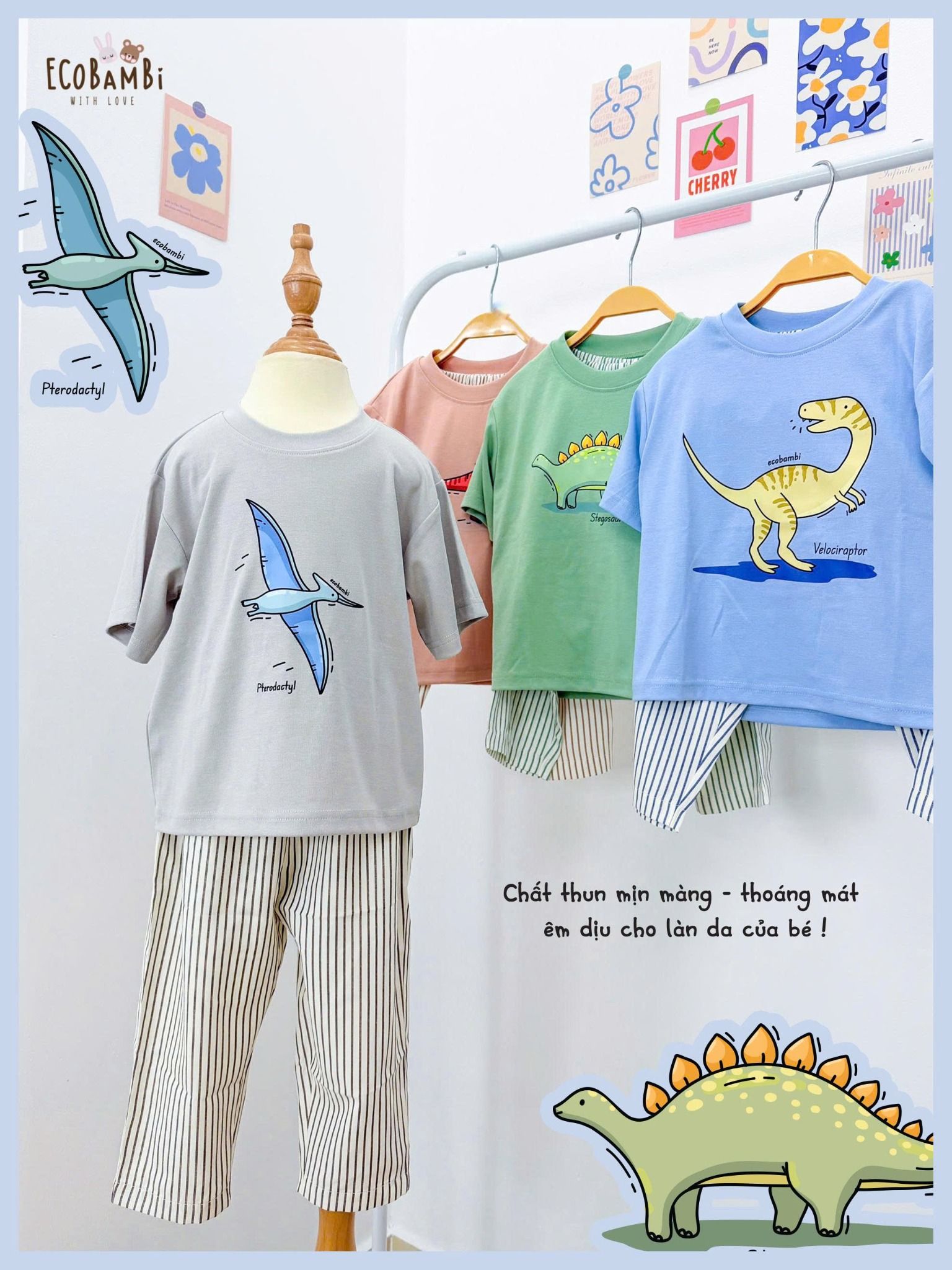  Bộ thun khủng long thun mịn - quần thô lửng bé trai ECOBAMBI - 8935334002265 