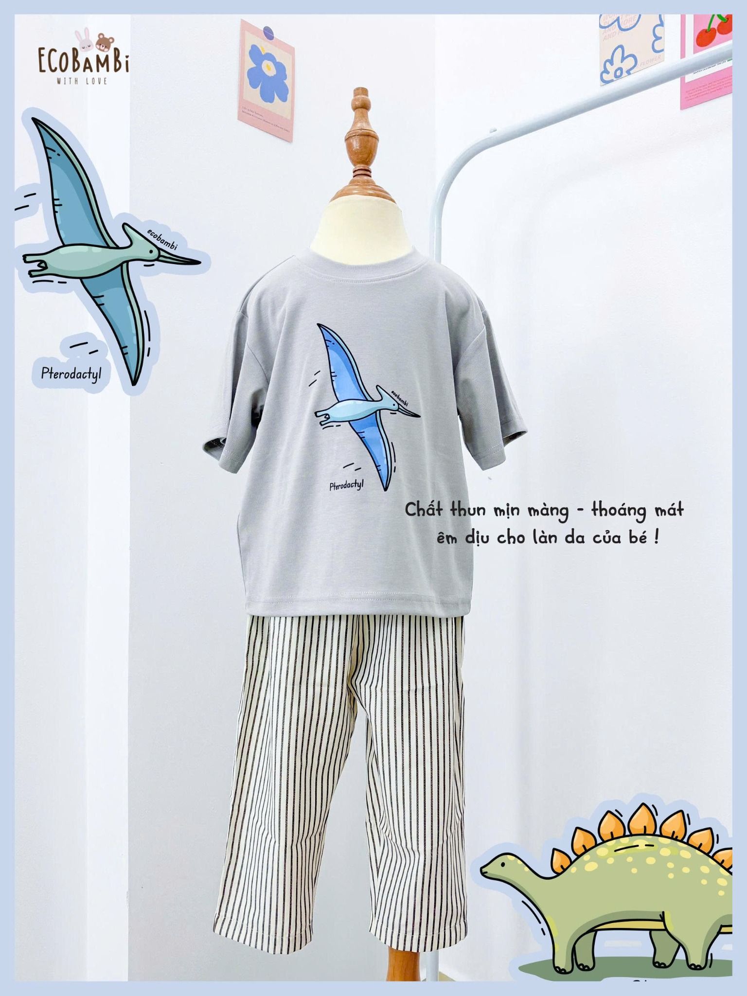  Bộ thun khủng long thun mịn - quần thô lửng bé trai ECOBAMBI - 8935334002265 