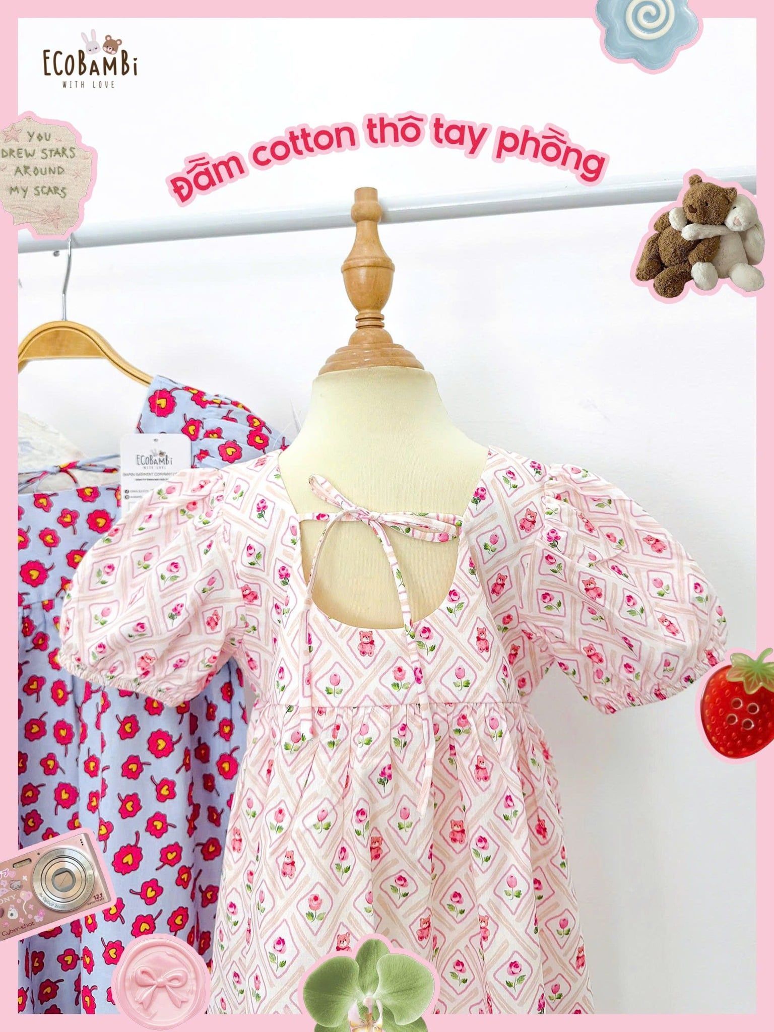  Đầm thô cotton tay phồng cổ vuông bé gái ECOBAMBI - 8935334002326 