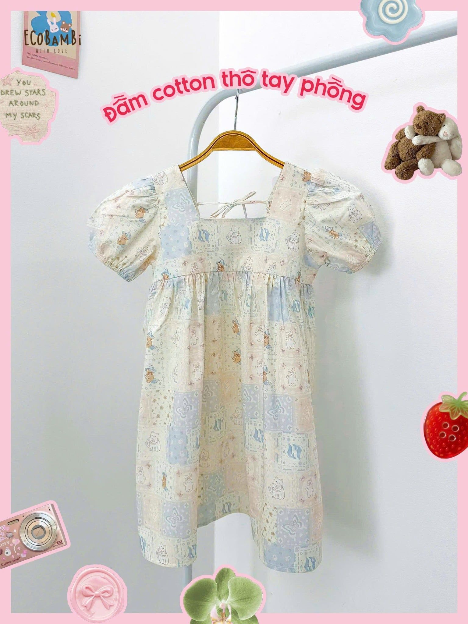  Đầm thô cotton tay phồng cổ vuông bé gái ECOBAMBI - 8935334002326 