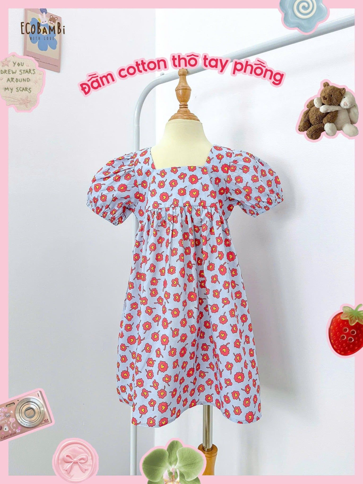  Đầm thô cotton tay phồng cổ vuông bé gái ECOBAMBI - 8935334002326 