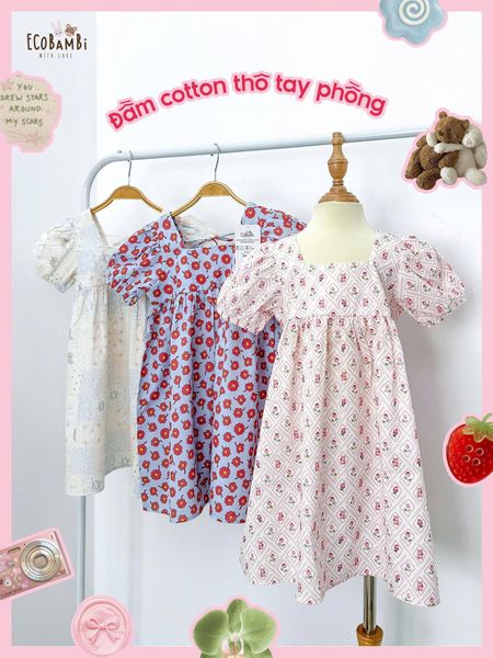  Đầm thô cotton tay phồng cổ vuông bé gái ECOBAMBI - 8935334002326 