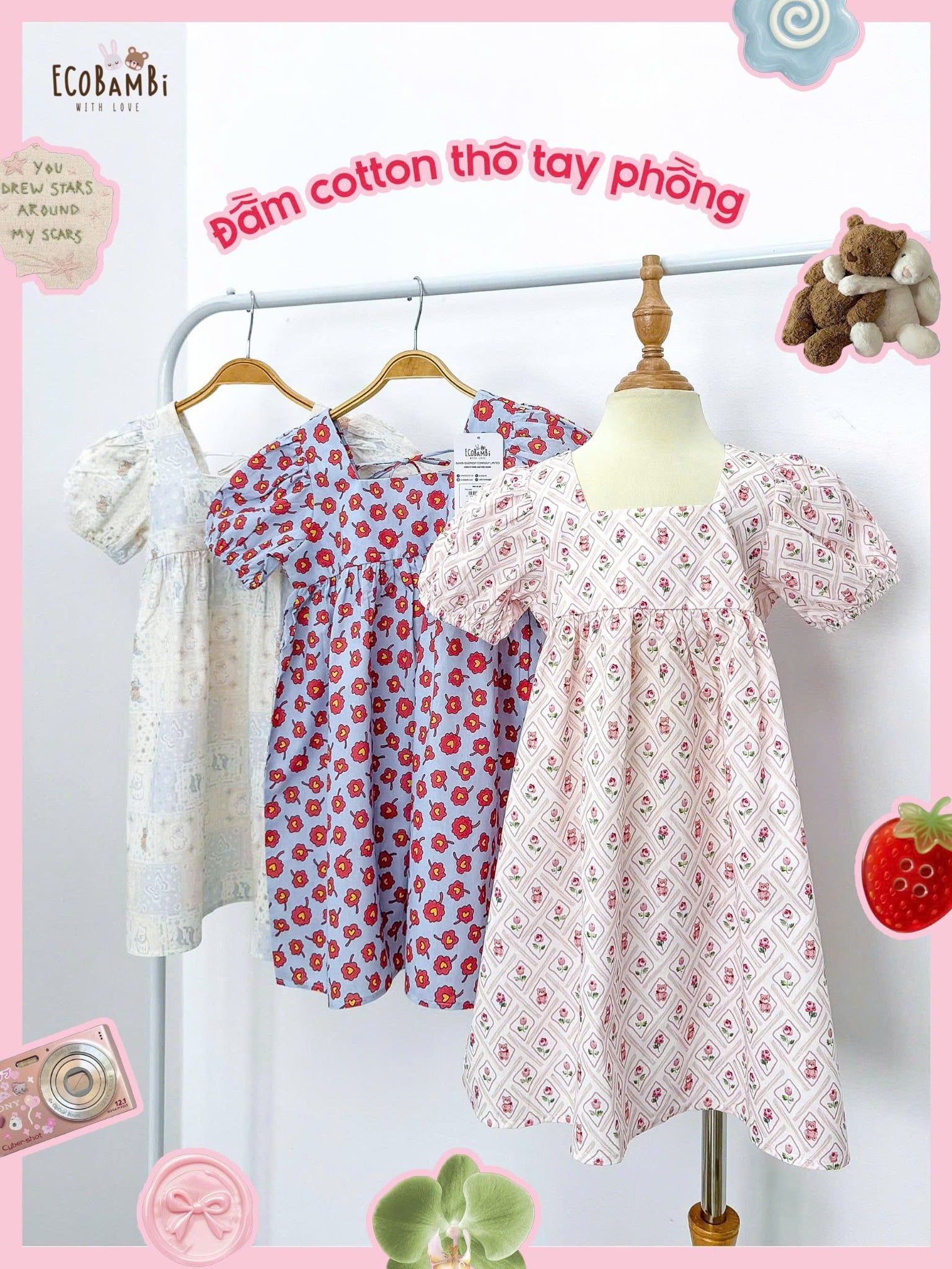  Đầm thô cotton tay phồng cổ vuông bé gái ECOBAMBI - 8935334002326 
