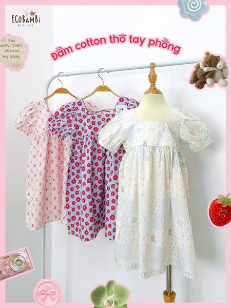  Đầm thô cotton tay phồng cổ vuông bé gái ECOBAMBI - 8935334002326 
