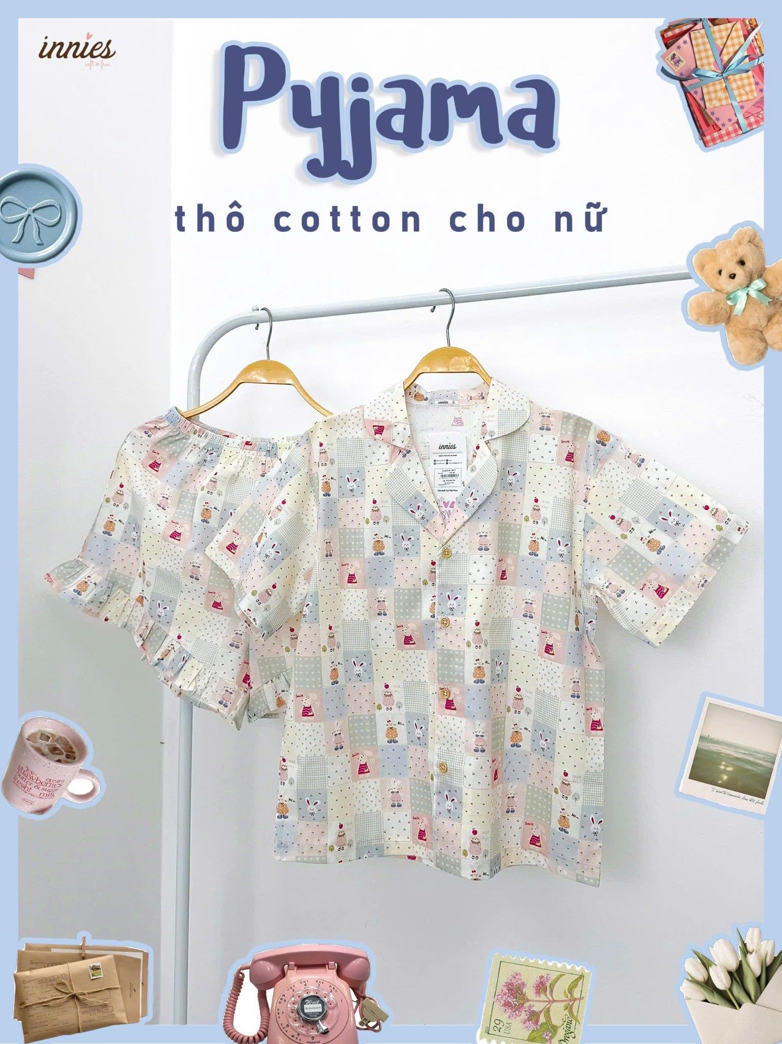  Pyjama cotton thô quần shorts nữ Innies - 8935334001138 
