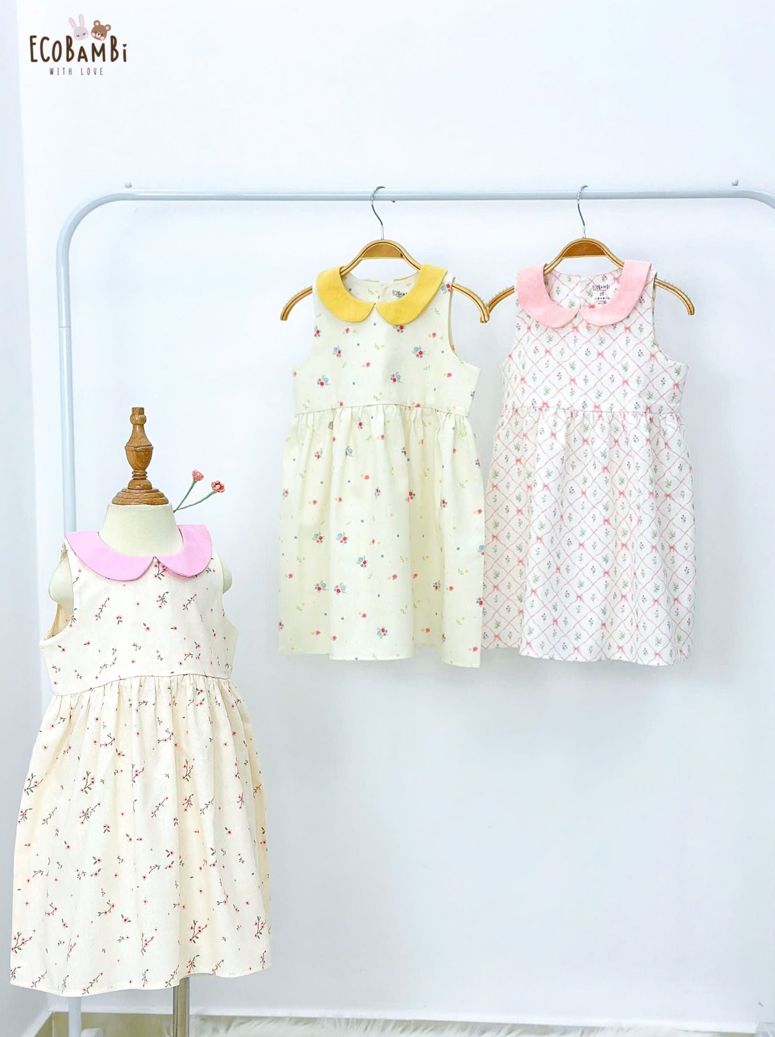  Đầm linen hoa nhí cổ lá sen phối màu bé gái ECOBAMBI - 8935334001664 