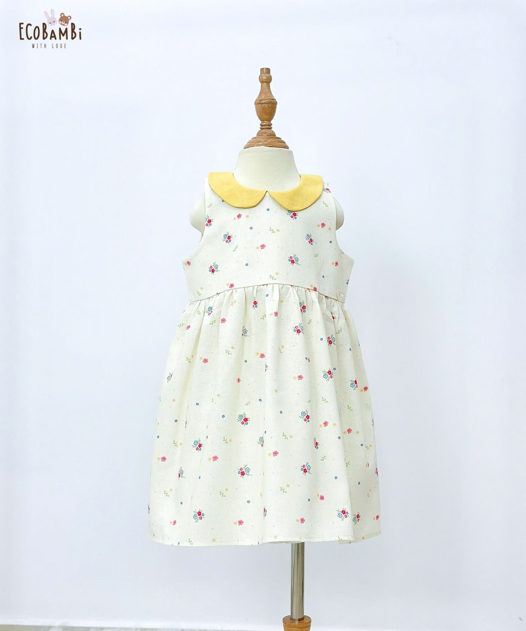  Đầm linen hoa nhí cổ lá sen phối màu bé gái ECOBAMBI - 8935334001664 