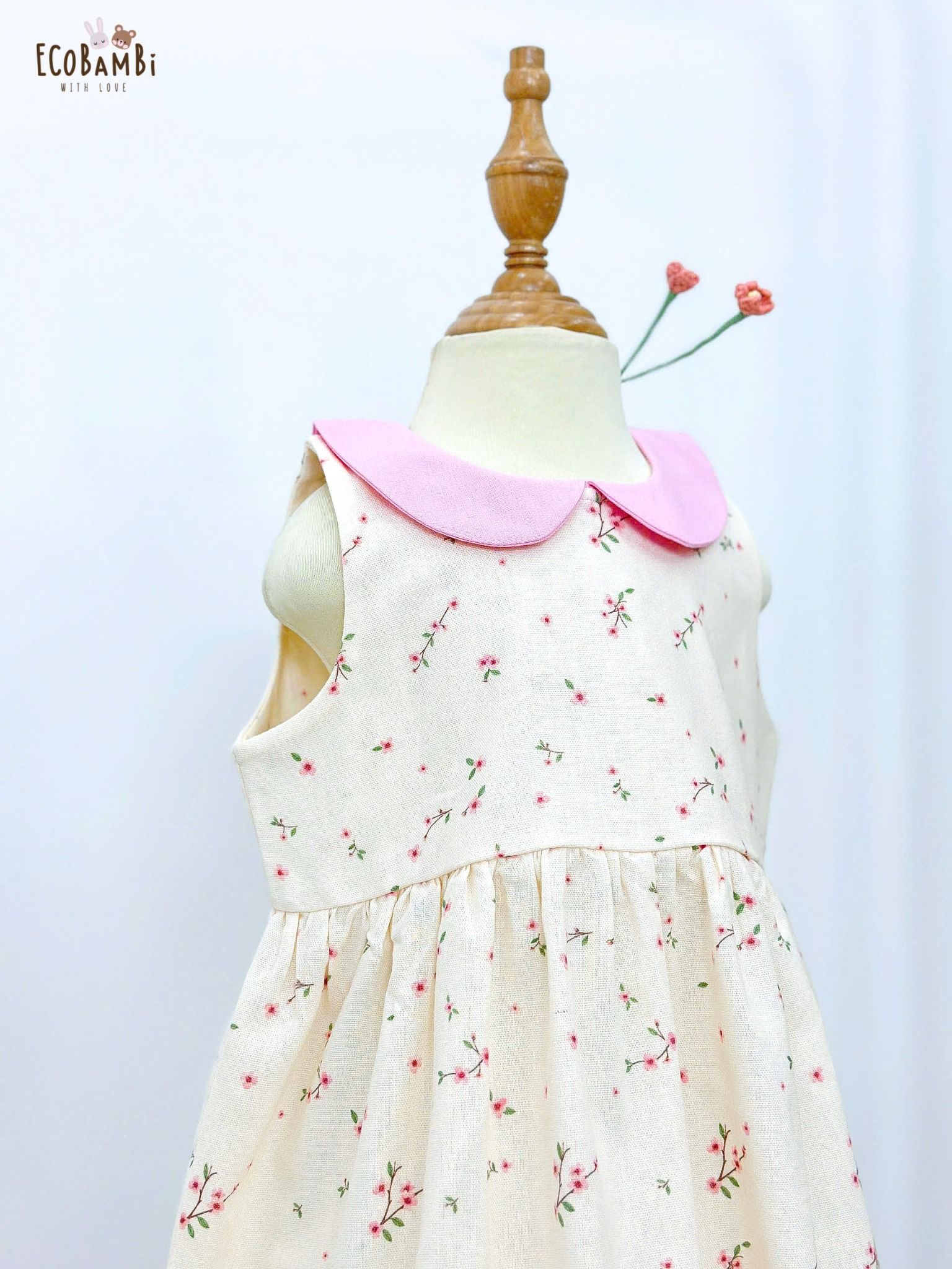  Đầm linen hoa nhí cổ lá sen phối màu bé gái ECOBAMBI - 8935334001664 