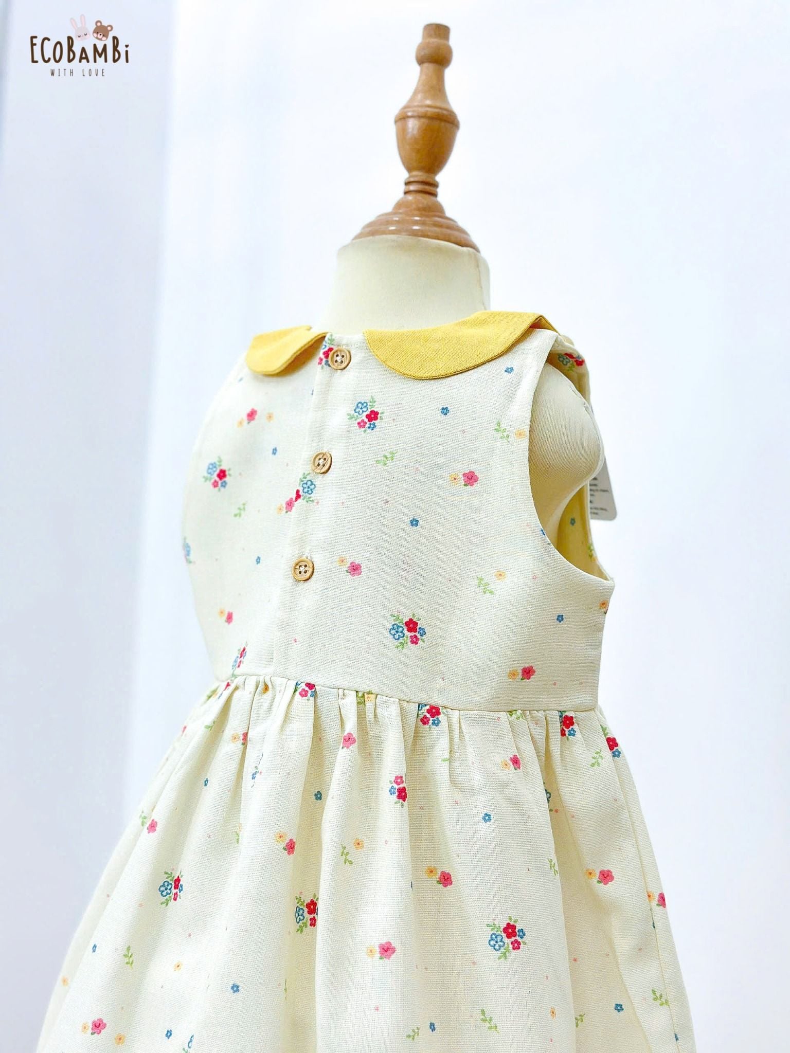  Đầm linen hoa nhí cổ lá sen phối màu bé gái ECOBAMBI - 8935334001664 