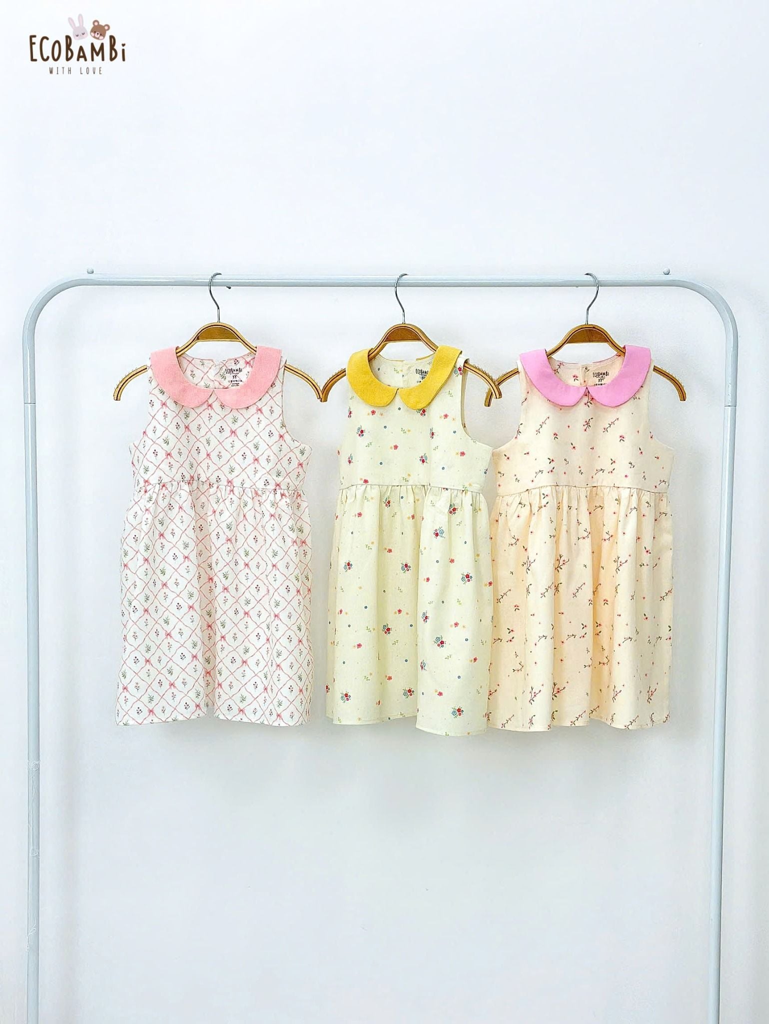  Đầm linen hoa nhí cổ lá sen phối màu bé gái ECOBAMBI - 8935334001664 
