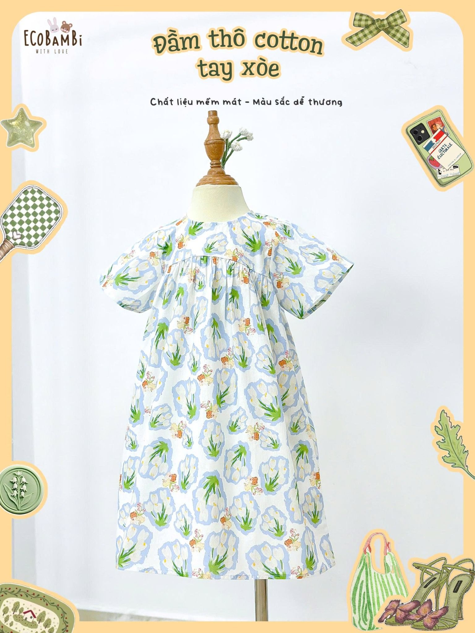  Đầm thô cotton tay ngắn dáng chữ A bé gái ECOBAMBI - 8935334002333 