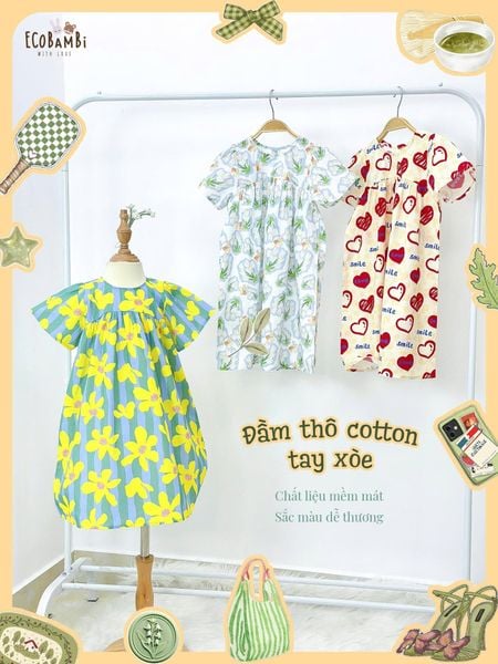  Đầm thô cotton tay ngắn dáng chữ A bé gái ECOBAMBI - 8935334002333 