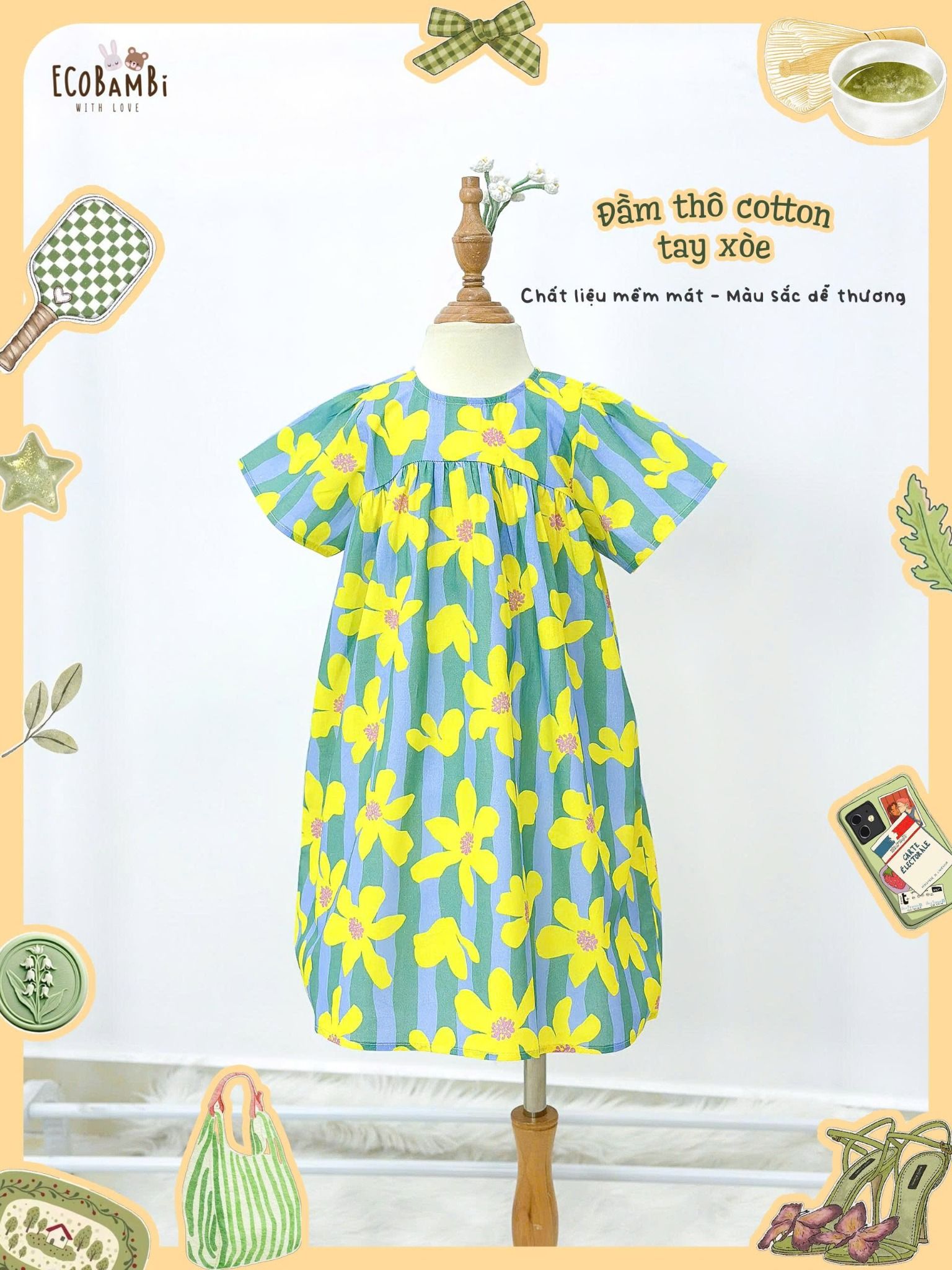  Đầm thô cotton tay ngắn dáng chữ A bé gái ECOBAMBI - 8935334002333 