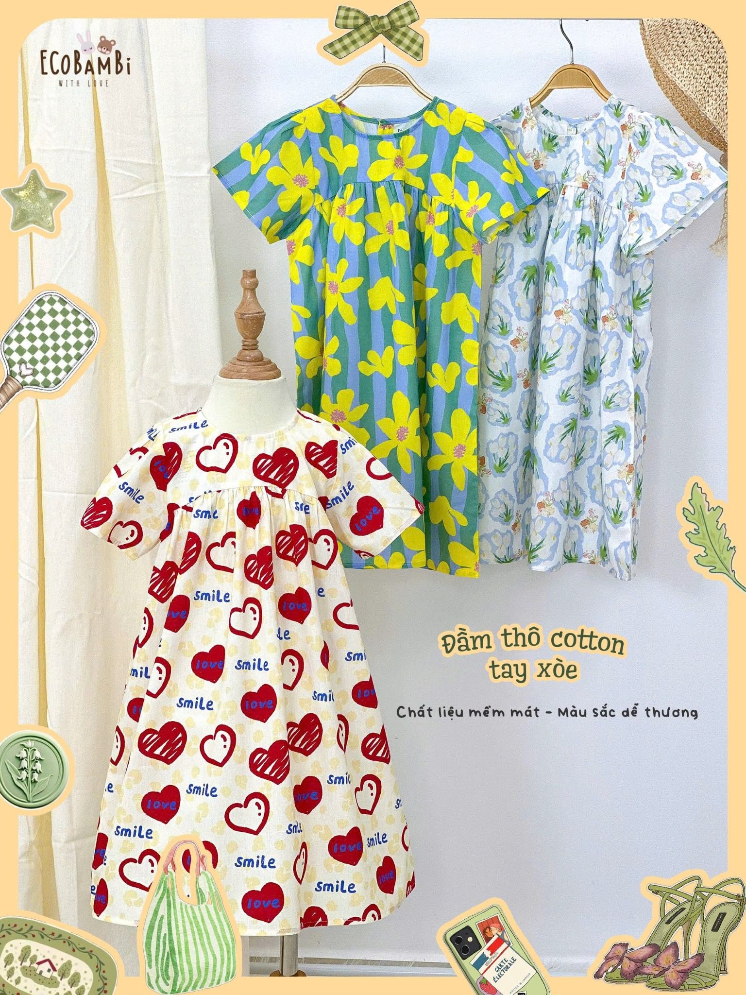  Đầm thô cotton tay ngắn dáng chữ A bé gái ECOBAMBI - 8935334002333 