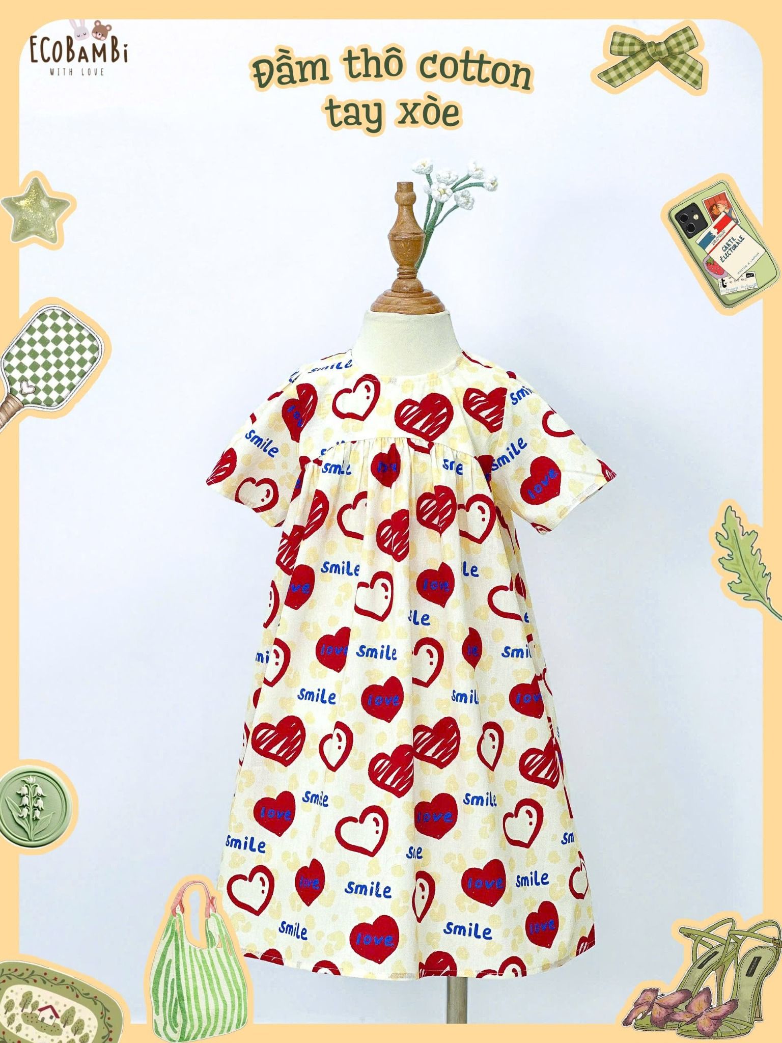  Đầm thô cotton tay ngắn dáng chữ A bé gái ECOBAMBI - 8935334002333 