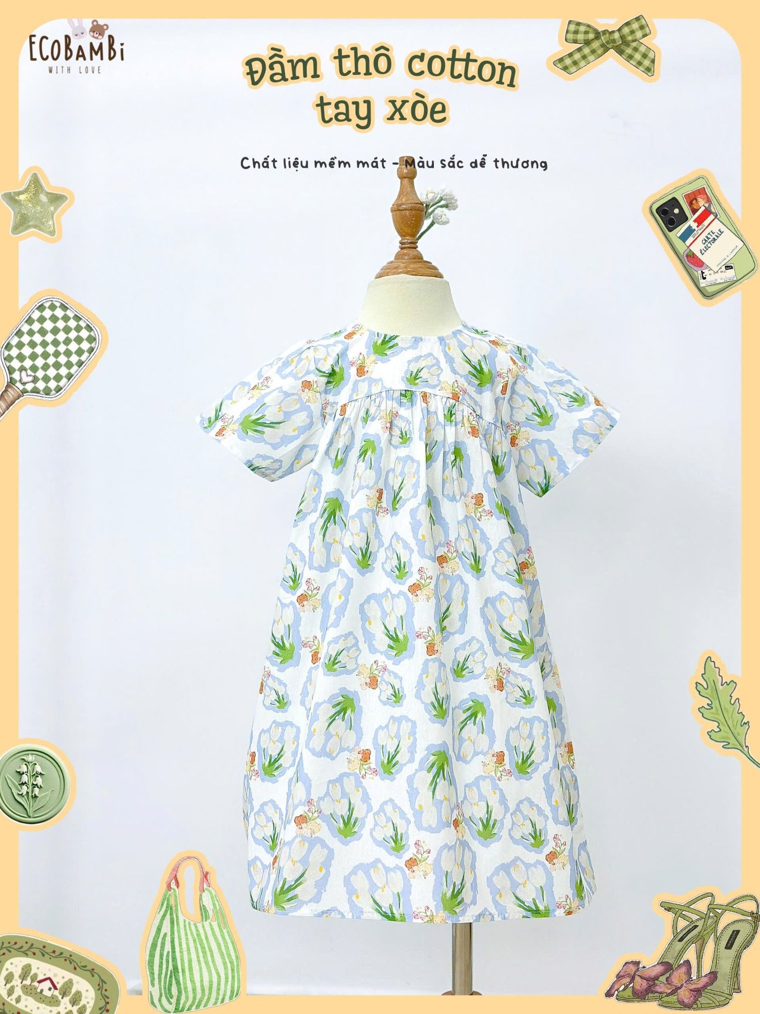  Đầm thô cotton tay ngắn dáng chữ A bé gái ECOBAMBI - 8935334002333 