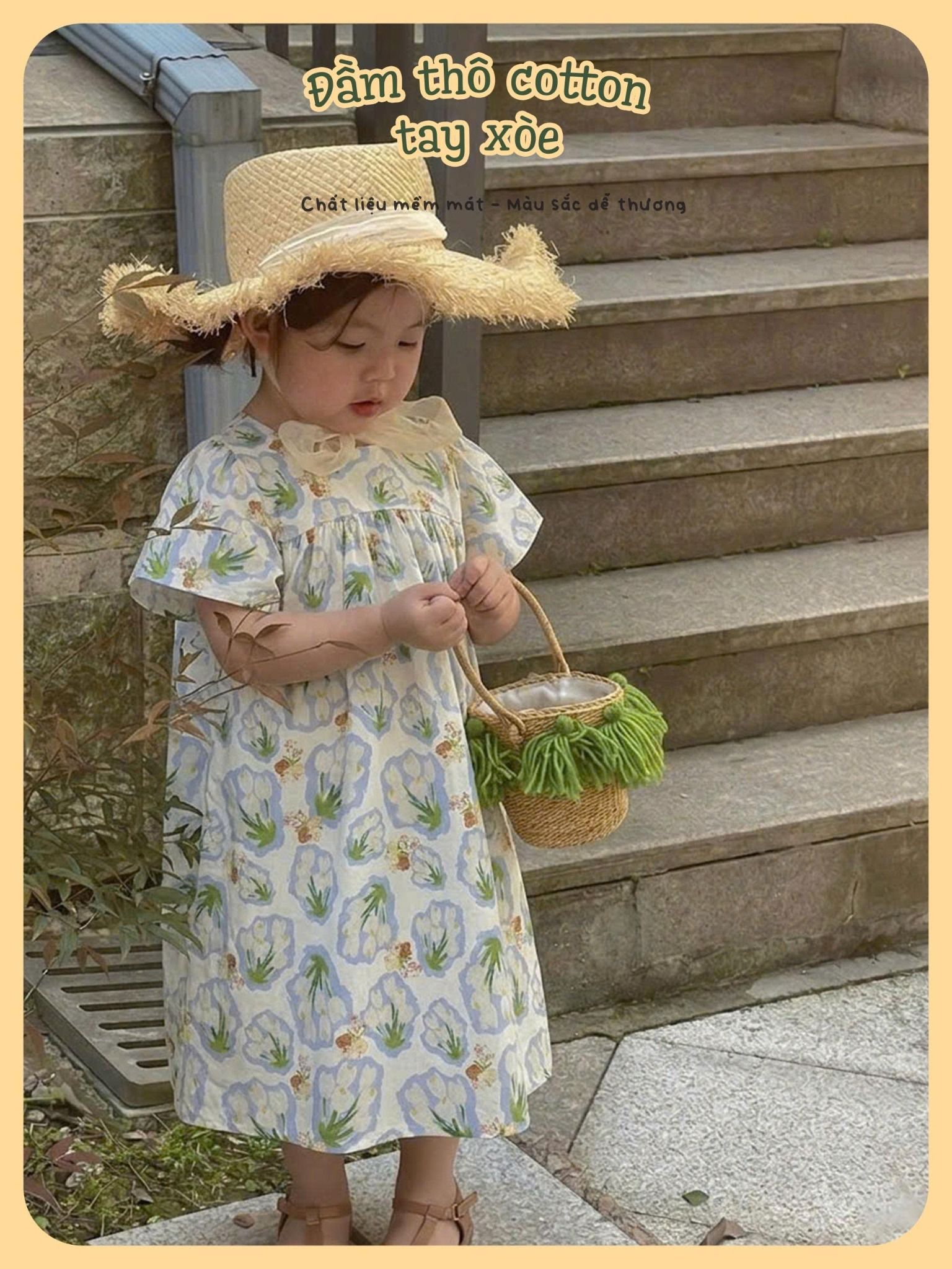  Đầm thô cotton tay ngắn dáng chữ A bé gái ECOBAMBI - 8935334002333 