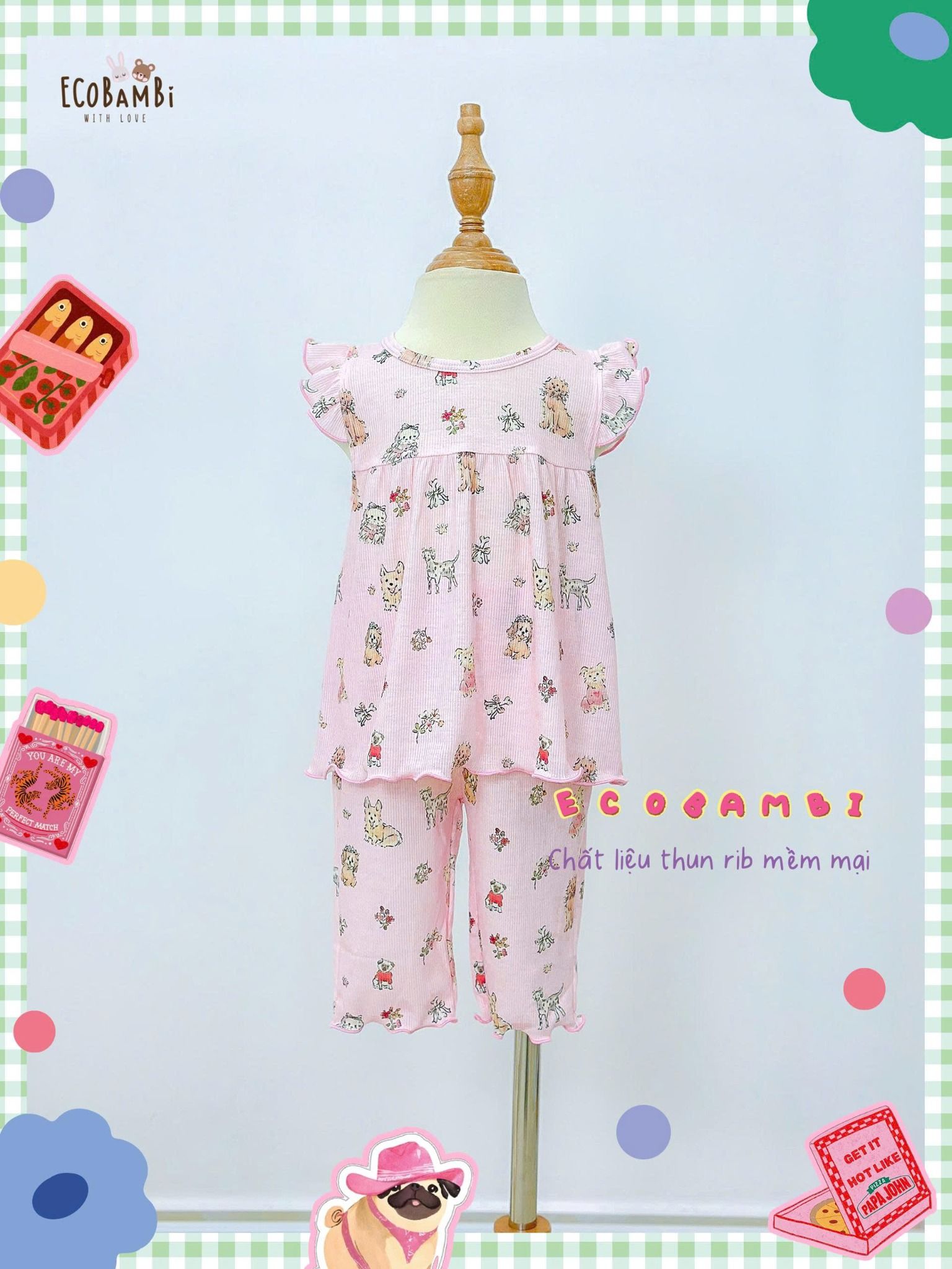 Bộ thun rib tay cánh tiên quần lửng in họa tiết bé gái ECOBAMBI - 8935334001169 