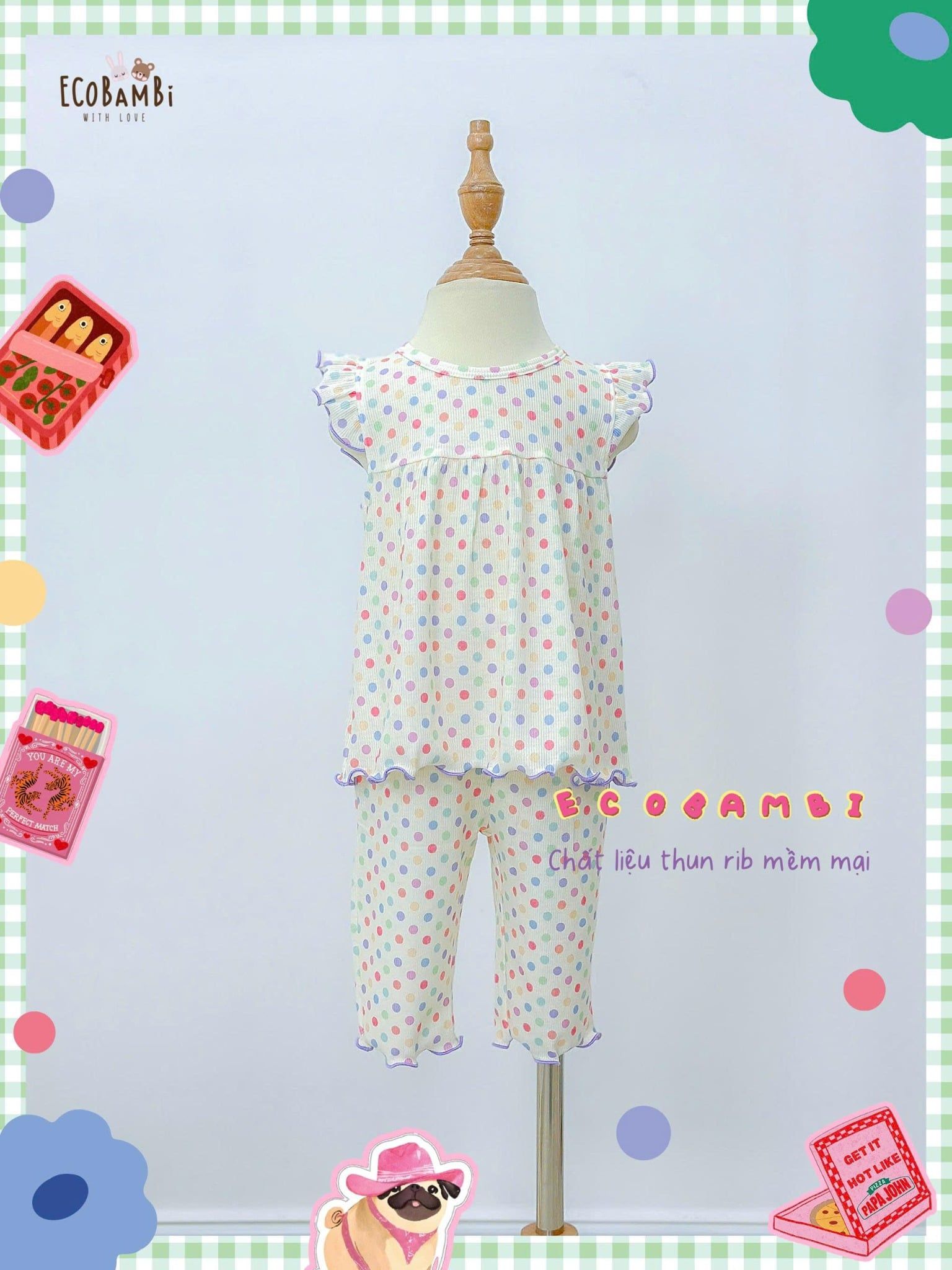  Bộ thun rib tay cánh tiên quần lửng in họa tiết bé gái ECOBAMBI - 8935334001169 
