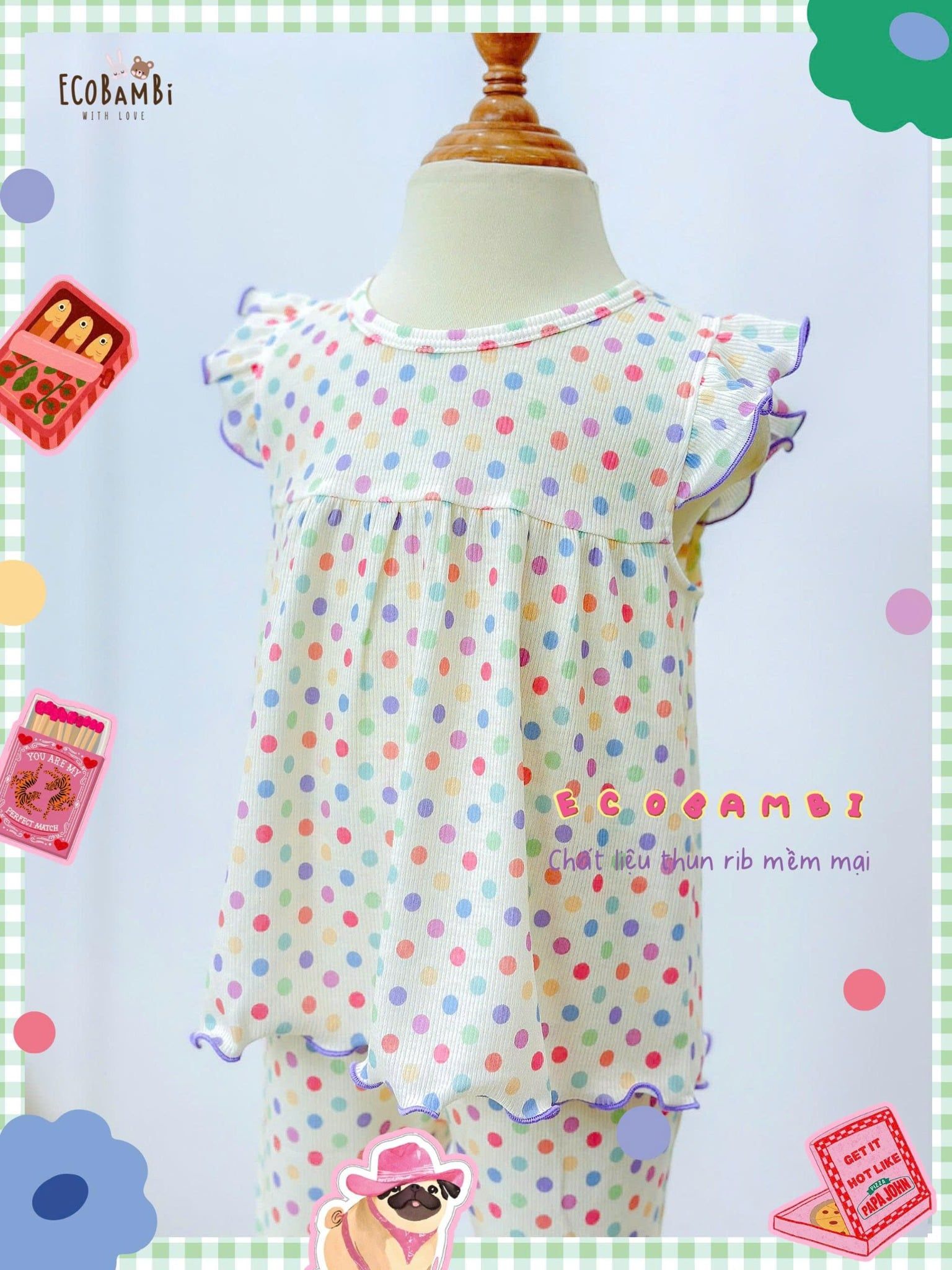  Bộ thun rib tay cánh tiên quần lửng in họa tiết bé gái ECOBAMBI - 8935334001169 