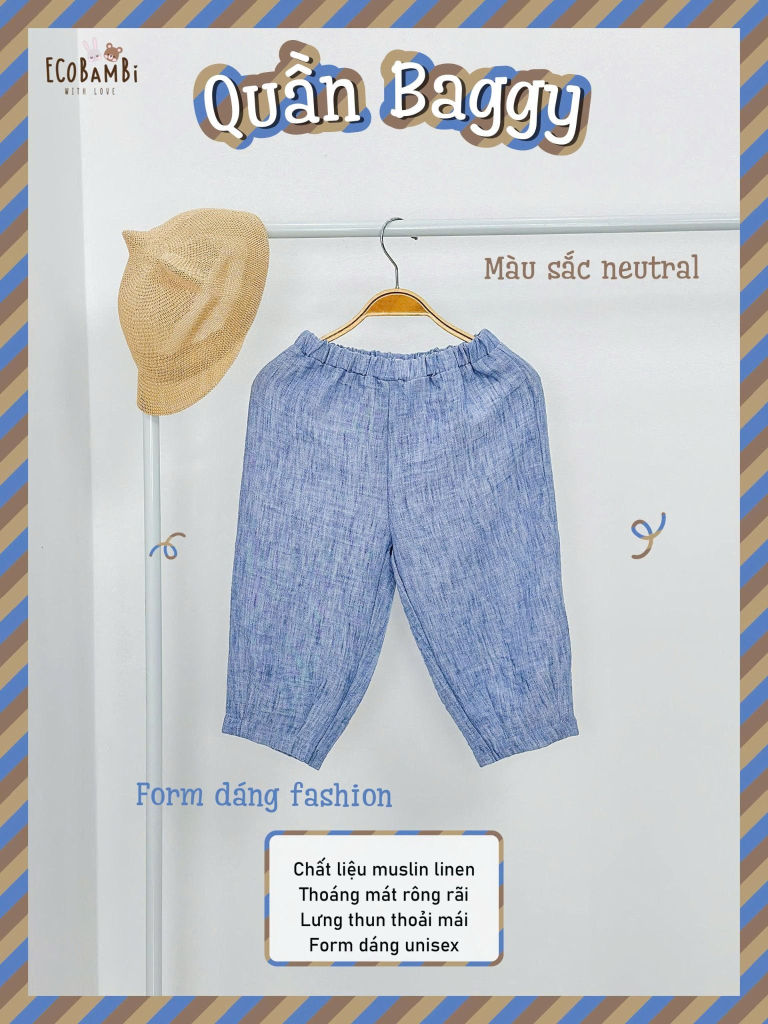  Quần baggy unisex muslin linen cho bé ECOBAMBI - 8935334001985 