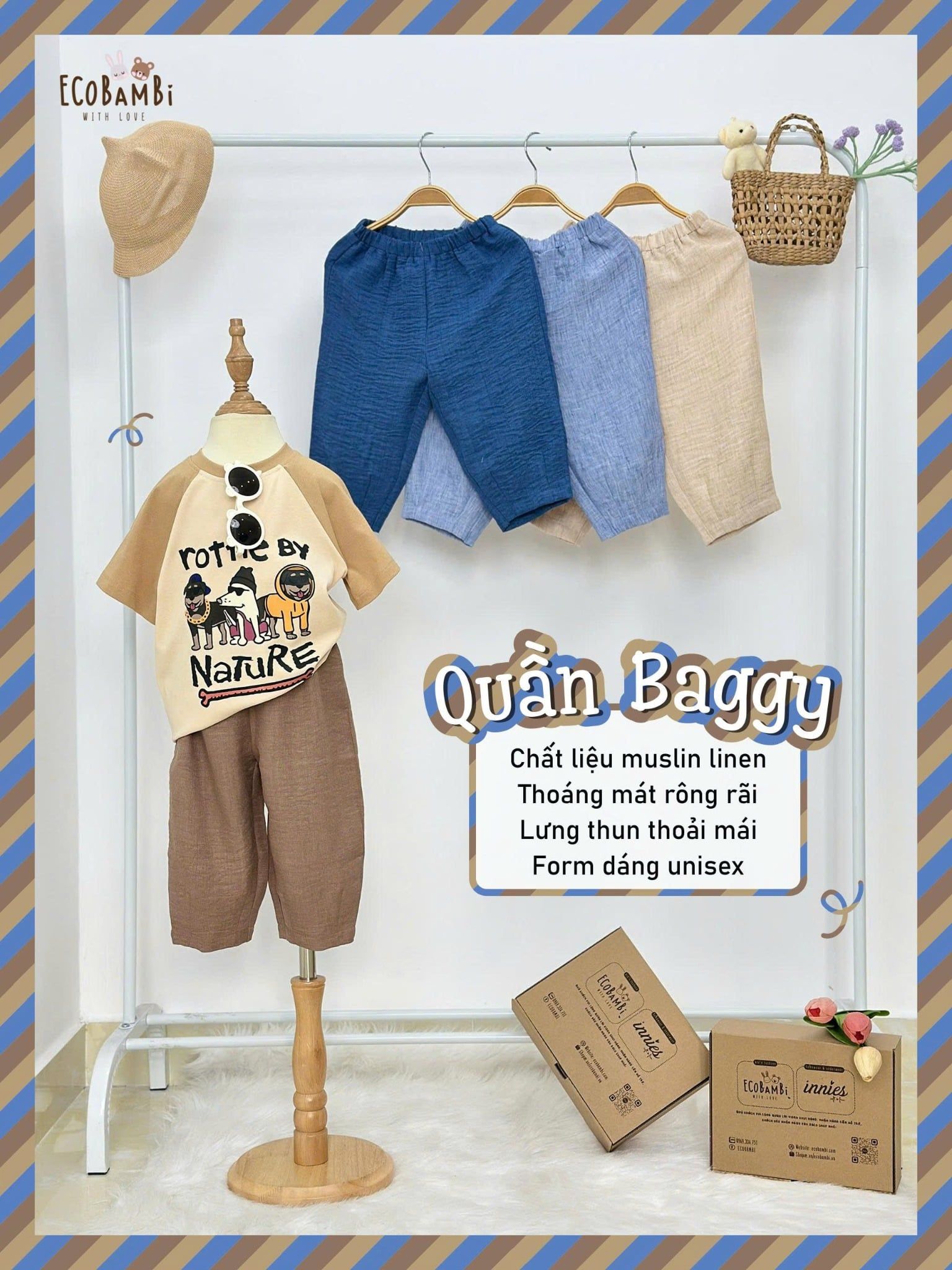  Quần baggy unisex muslin linen cho bé ECOBAMBI - 8935334001985 