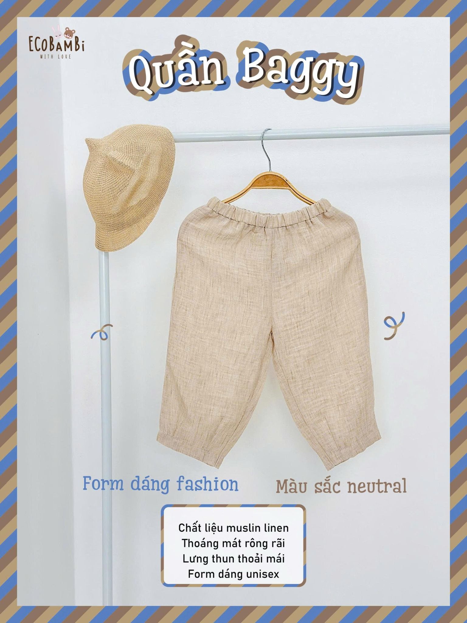  Quần baggy unisex muslin linen cho bé ECOBAMBI - 8935334001985 