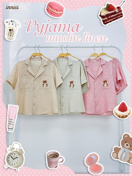  Pyjama muslin linen tay ngắn - quần shorts thêu gấu nữ Innies - 8935334002104 